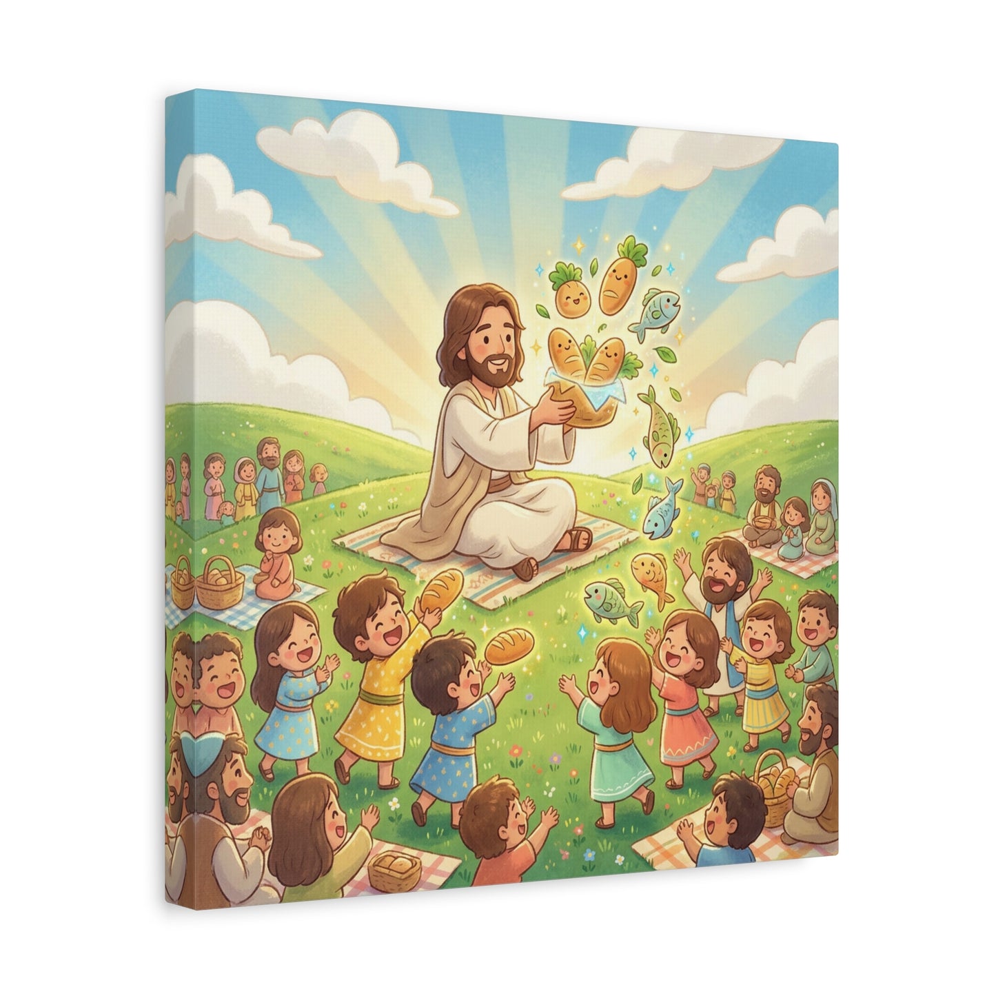 Jesus Feeding Multitude Canvas Wall Art - Loaves And Fish Bible Scene, Christian Nursery Decor - Matte Cotton Print, Kids Room Wall Decor, Sunday School Classroom - Bedroom Home Decoration