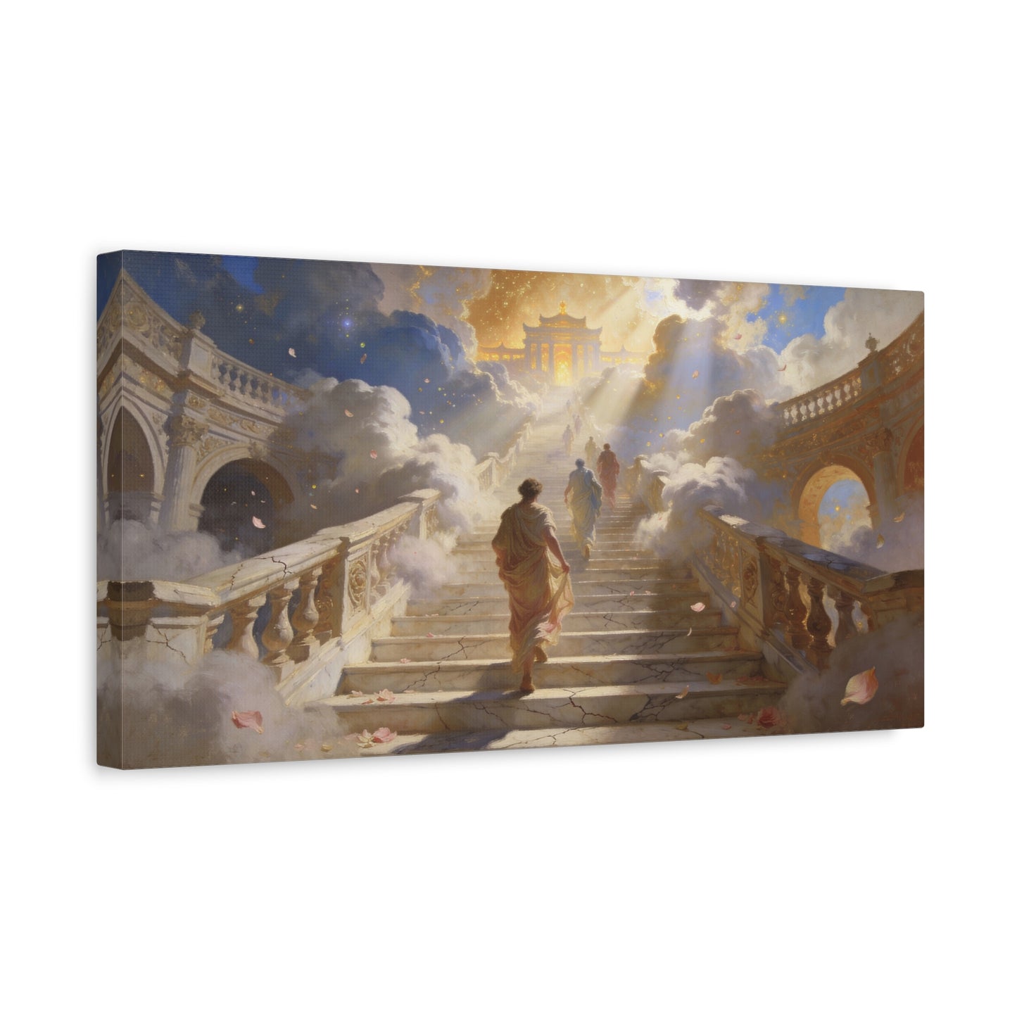 Celestial Stairway Canvas Wall Art - Figures Ascending Through Clouds, Golden Temple Light - Matte Cotton Art Print - Classical Fantasy Style - Living Room Wall Decor, Office Accent - Ready to Hang