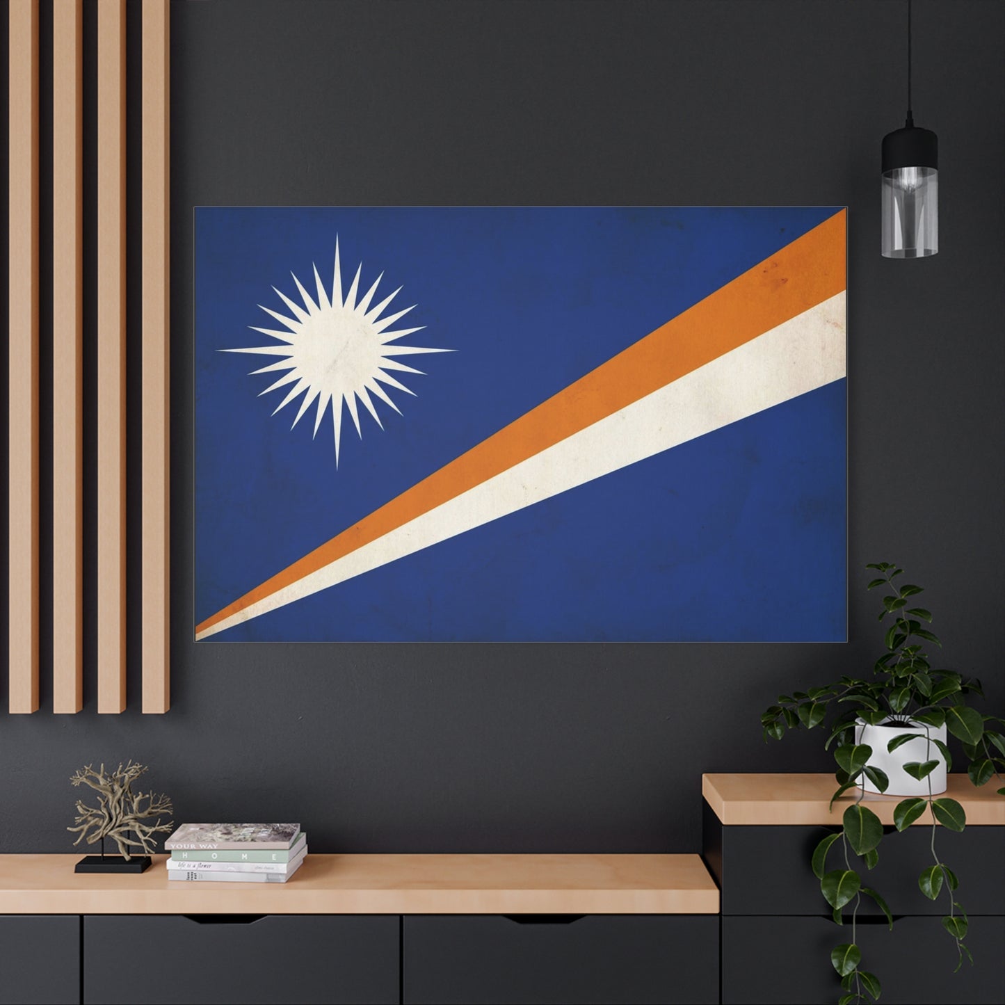 Marshall Islands Flag Canvas Wall Art - Blue Field, White Starburst, Orange Stripe - Vintage Patriotic Print - Coastal Island Decor For Living Room, Office Wall Display Accent - Modern Farmhouse Style