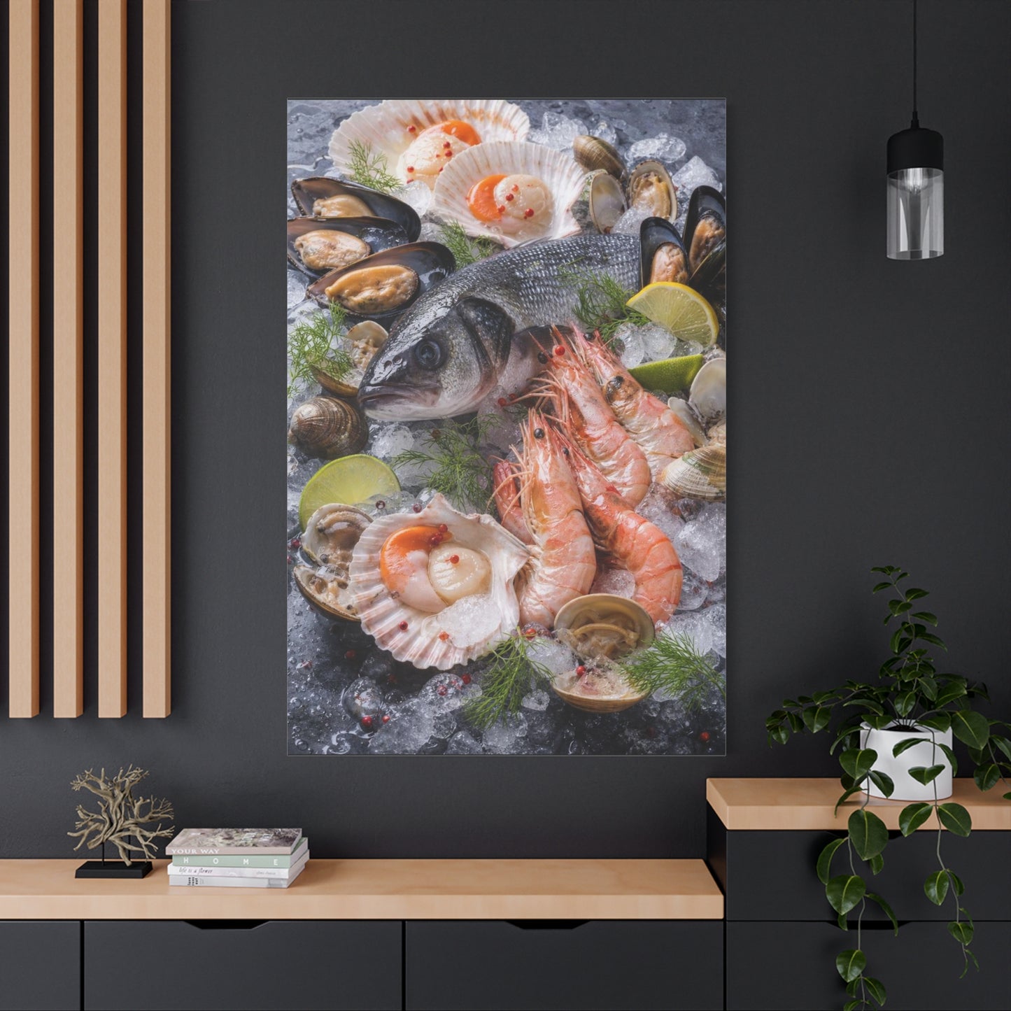 Seafood Still Life Canvas Wall Art - Fish, Shrimp, Scallops On Ice Food Print - Coastal Kitchen Decor, Dining Room Wall Decor, Contemporary Home Decoration, Matte Canvas Print - Modern Farmhouse Style