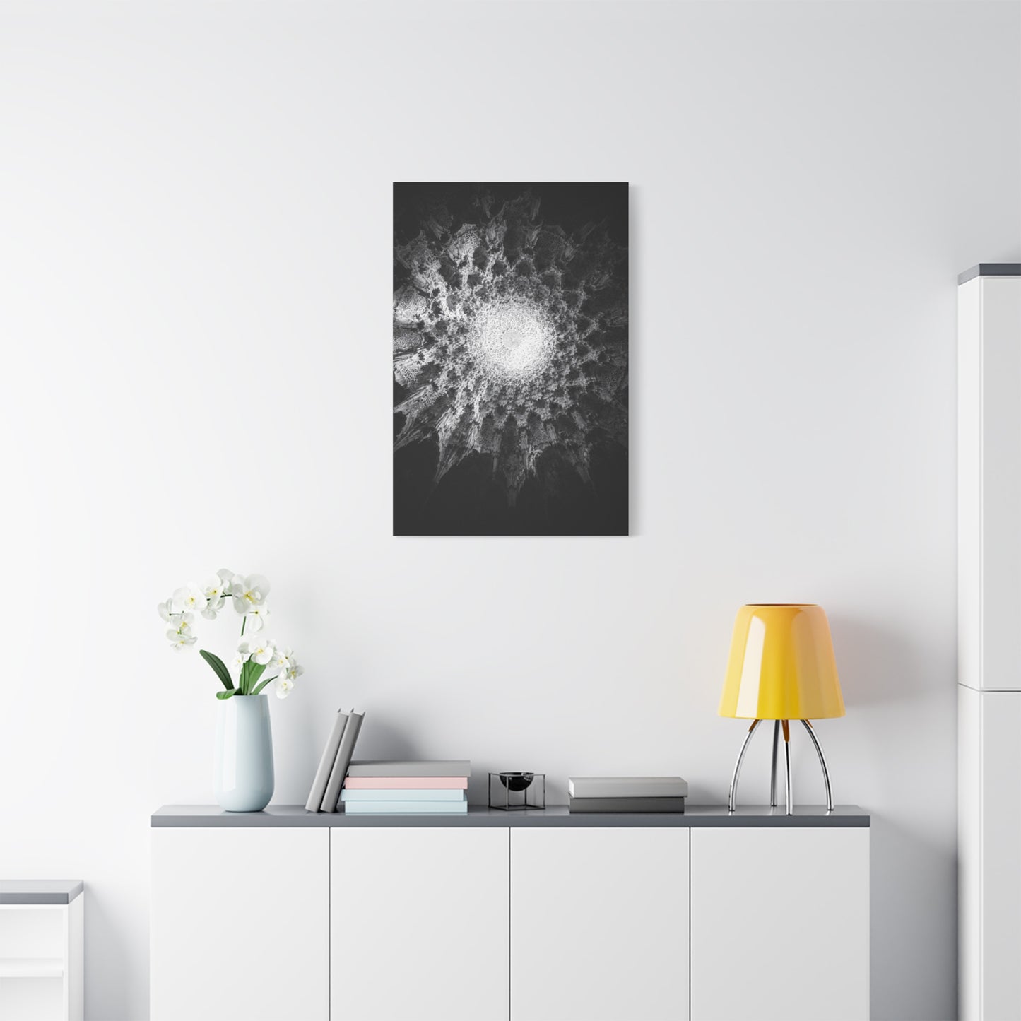 Abstract Black White Canvas Wall Art - Monochrome Fractal Mandala Design, Architectural Spiral Light - Matte Cotton Art Print - Contemporary Decor For Living Room, Bedroom, Office Accent