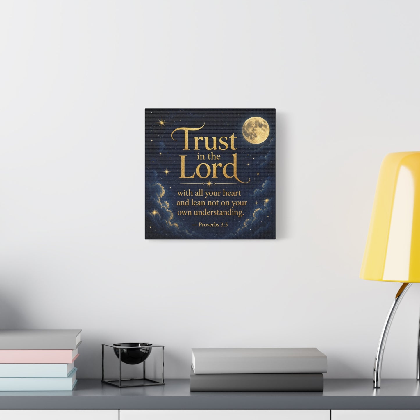 "Trust In The Lord" Bible Verse Canvas Wall Art - Moonlit Scripture Quote, Gold Typography, Christian Wall Decor - Traditional Night Sky Design - Bedroom Living Room Decoration - Ready to Hang
