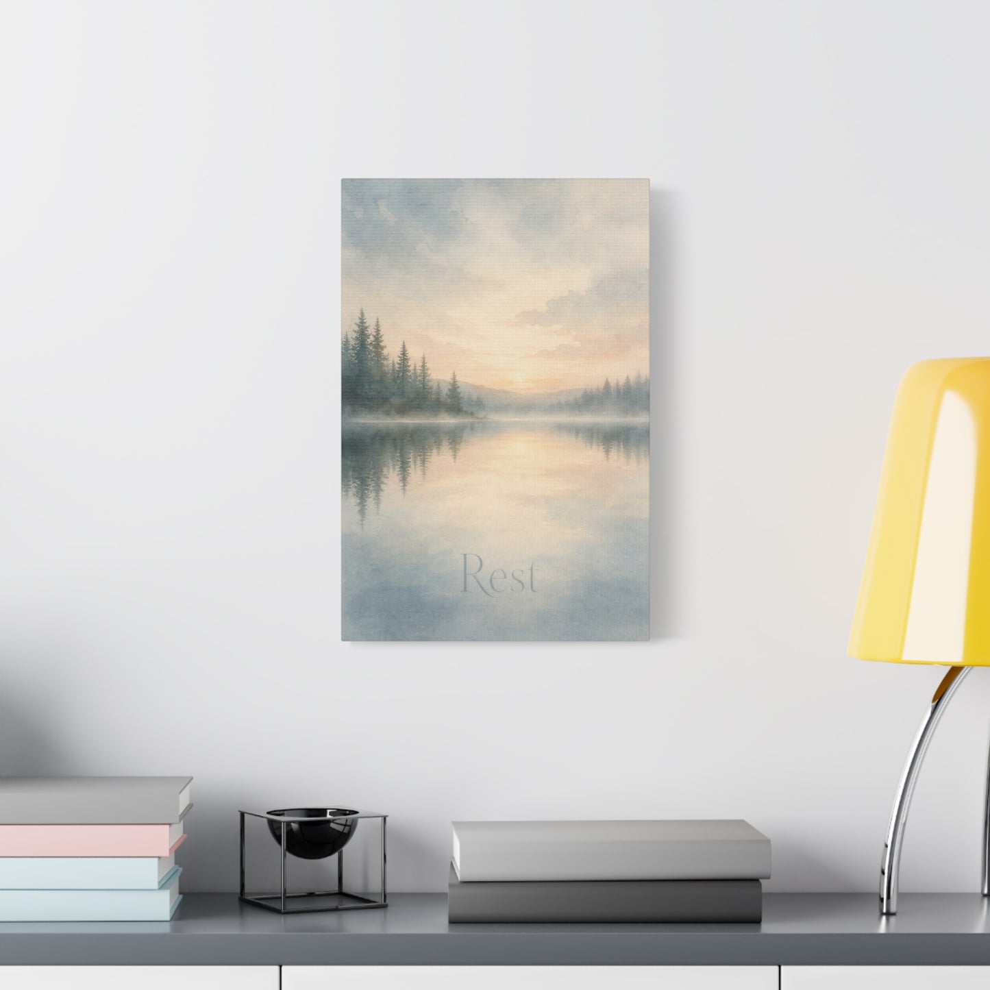 "Rest" Misty Lake Canvas Wall Art - Pine Forest Sunrise Reflection Print - Serene Landscape Home Decor, Bedroom Wall Hanging, Minimalist Nature Artwork, Meditation Space Accent - Ready to Hang