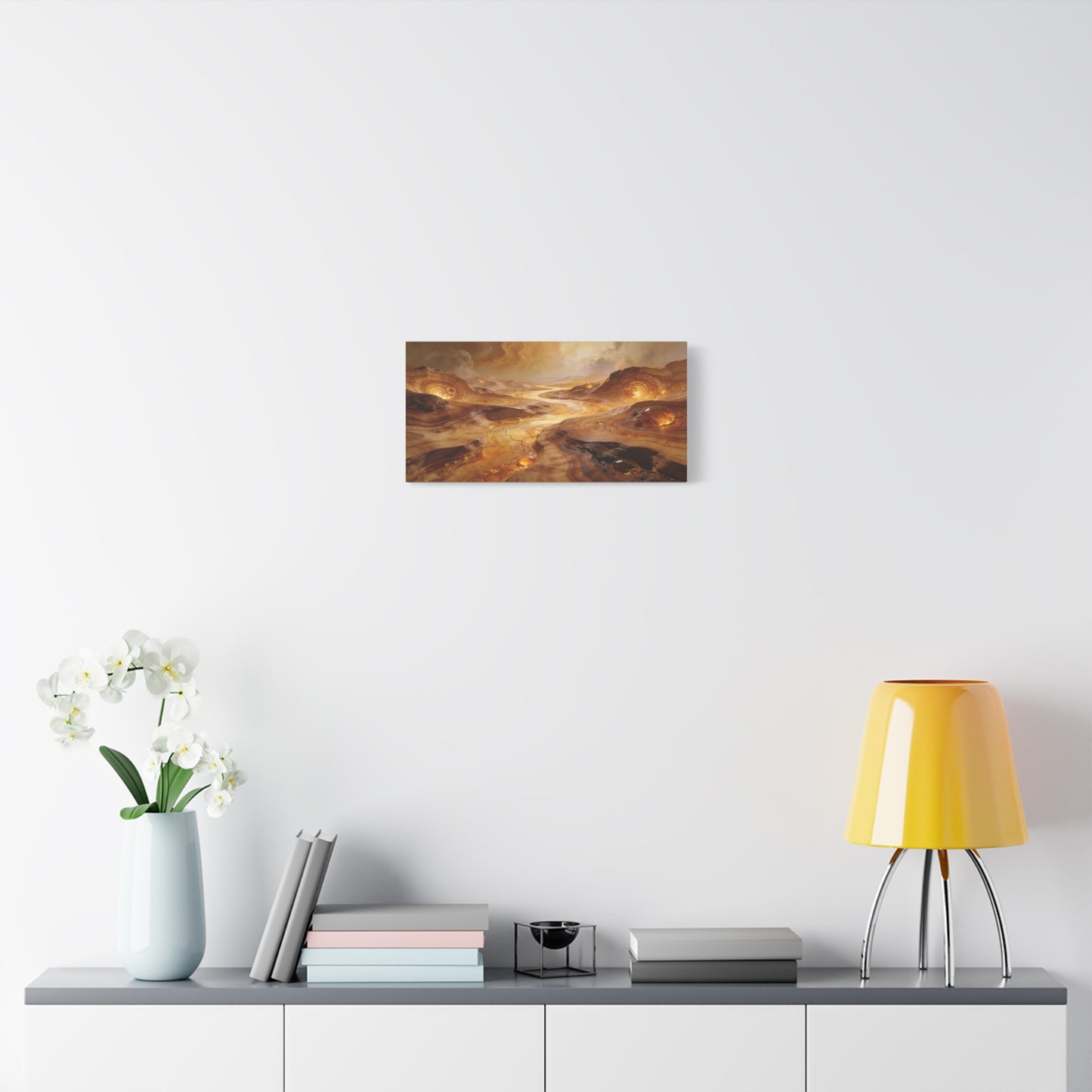 Golden Abstract Landscape Canvas Wall Art - Glowing River, Swirling Stone Forms - Contemporary Matte Canvas Print - Living Room Wall Decor, Bedroom Home Decoration, Office Art - Modern Farmhouse Style