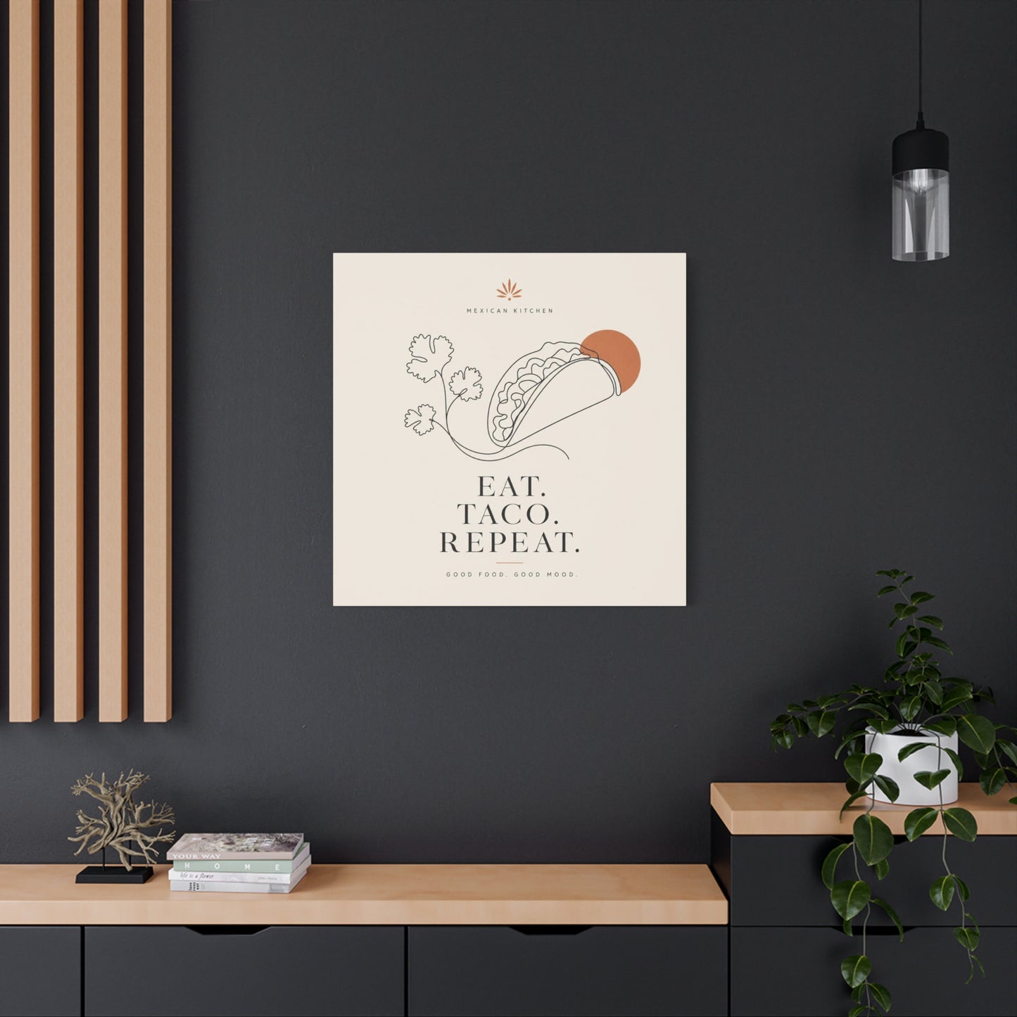 "Eat. Taco. Repeat." Mexican Kitchen Canvas Wall Art - Minimalist Taco Line Illustration, Terracotta Sun, Typography Print - Modern Kitchen Decor, Cafe Wall Decor, Dining Room Accent - Ready to Hang