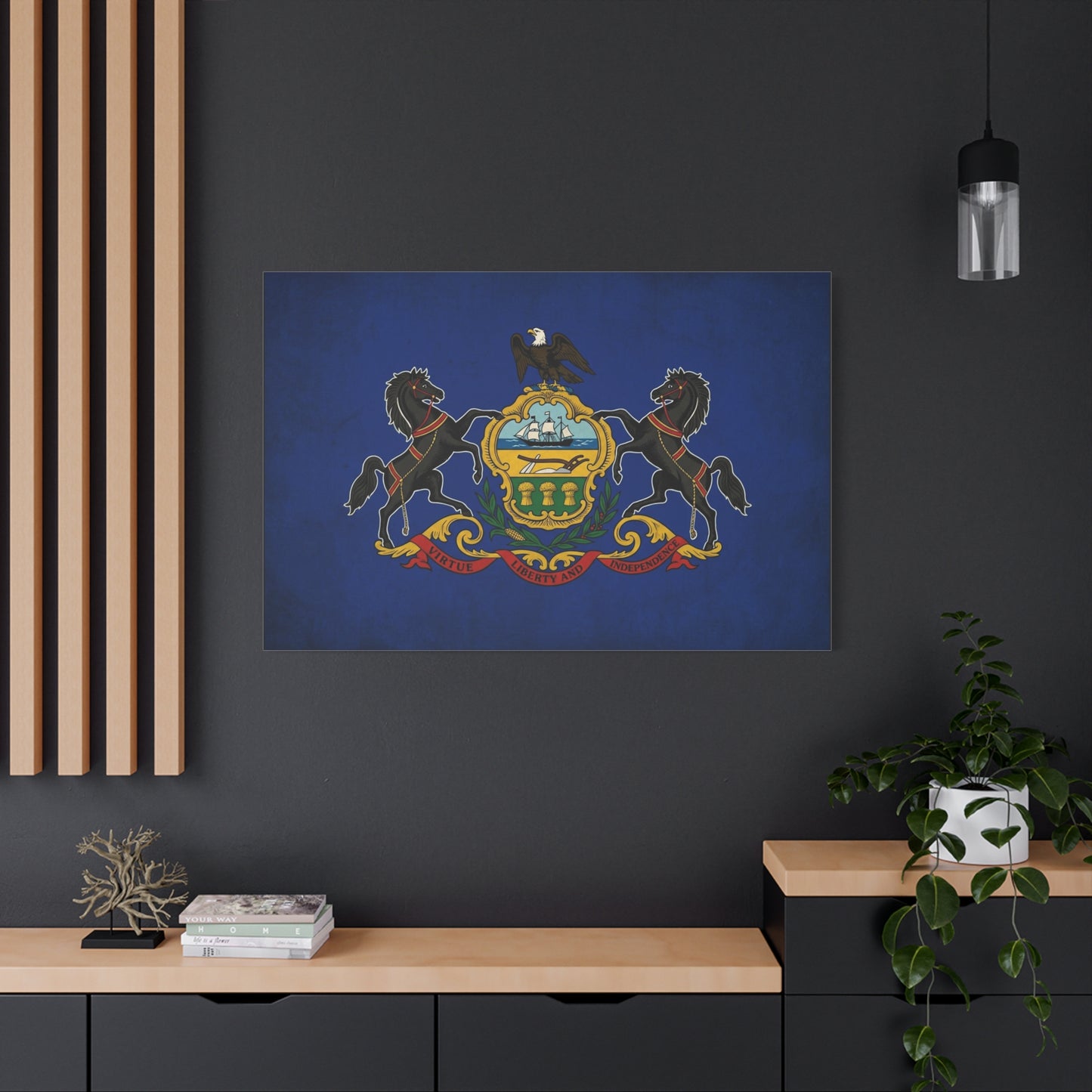 Pennsylvania State Flag Canvas Wall Art - Virtue Liberty And Independence Crest Print - Blue Keystone Commonwealth Decor - Vintage Heraldic Style - Living Room Home Decoration - Living Room Wall Decor