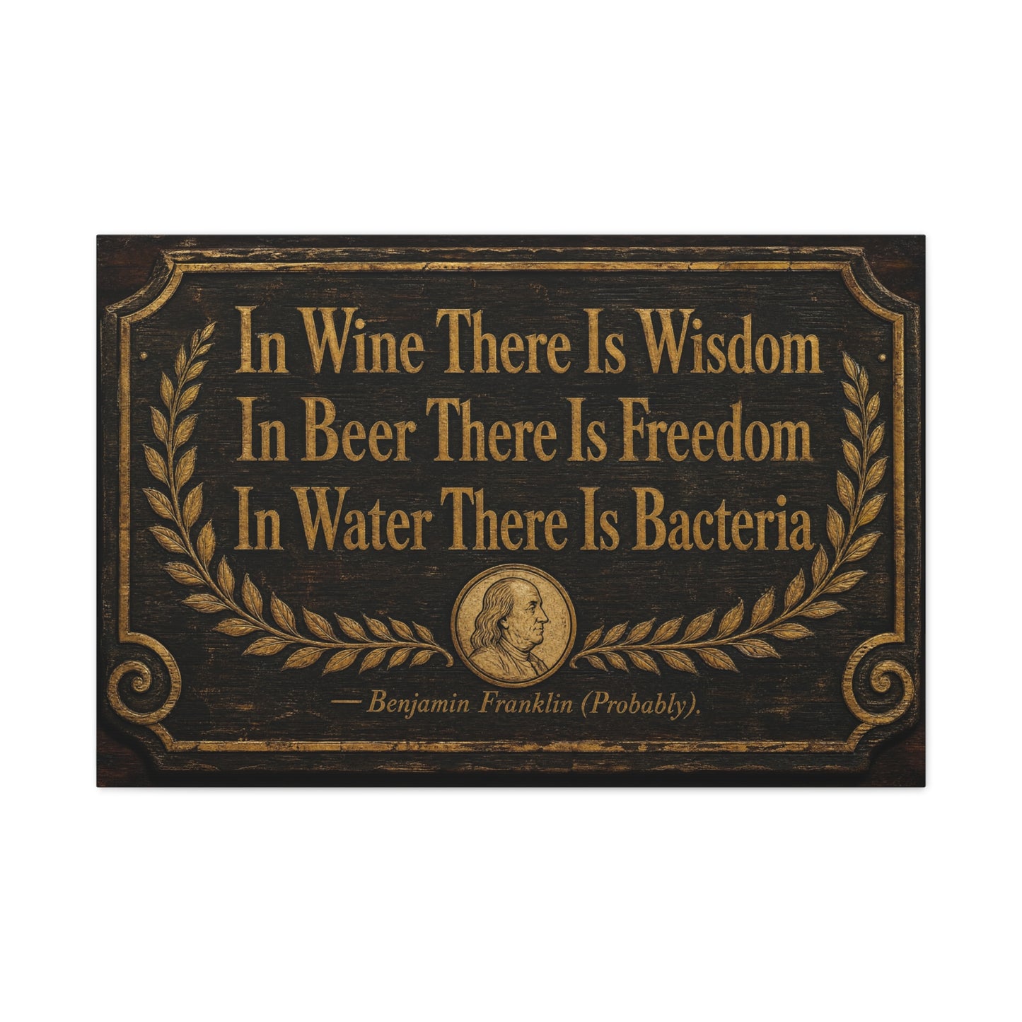 "In Wine There Is Wisdom In Beer There Is Freedom" Canvas Wall Art - Vintage Bar Quote Print, Rustic Tavern Style, Brown Gold Typography Decor, Home Bar - Office Wall Art - Cocktail Lounge Decor
