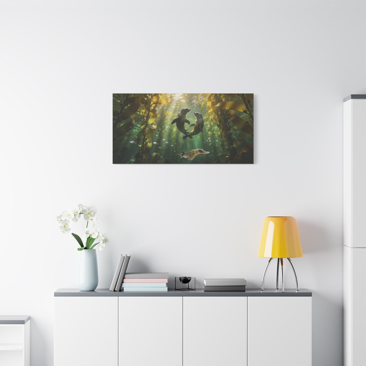 Sea Lion Kelp Forest Canvas Wall Art - Underwater Ocean Wildlife Print, Sunbeam Marine Scene, Matte Cotton Decor - Coastal Style Living Room Wall Decor, Bedroom Home Decoration - Cozy Reading Nook Art
