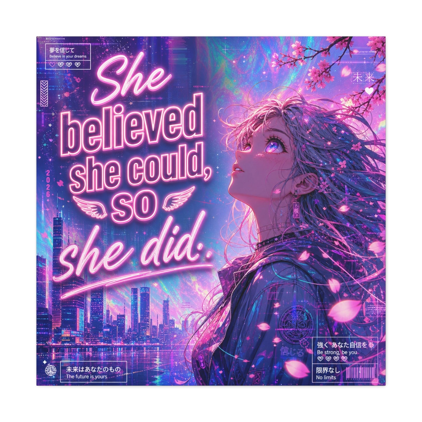 "She Believed She Could, So She Did" Anime Girl Canvas Wall Art - Neon Sakura Cityscape, Inspirational Typography Print - Contemporary Bedroom Wall Decor, Teenager Room Decor - Bedroom Home Decoration