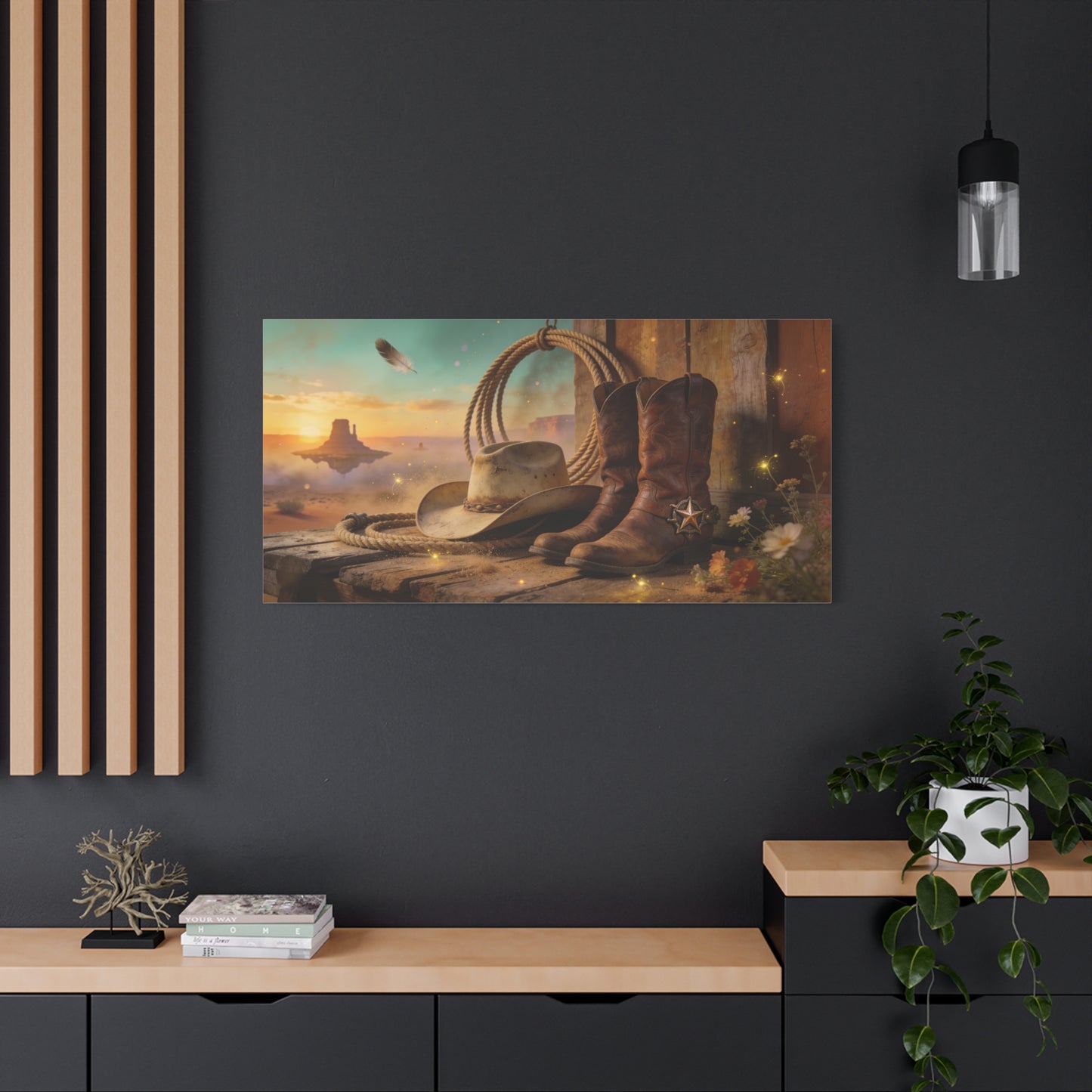Western Cowboy Boots Canvas Wall Art - Desert Mesa Sunset, Hat And Lasso - Rustic Cotton Print - Vintage Ranch Style - Living Room Wall Decor, Office Art, Entryway Decoration - Bedroom Home Decoration