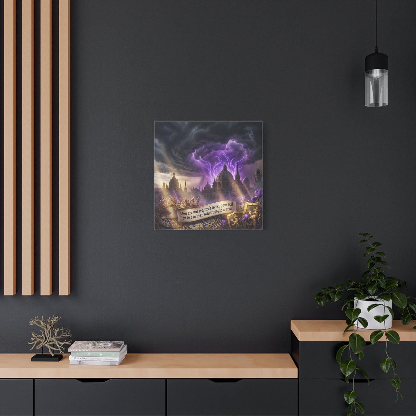 "You Are Not Required To Set Yourself On Fire" Canvas Wall Art - Gothic Castle Quote Decor, Purple Storm Sky, Crown And Iris Fantasy Print - Bedroom Home Decoration, Living Room Accent - Ready to Hang