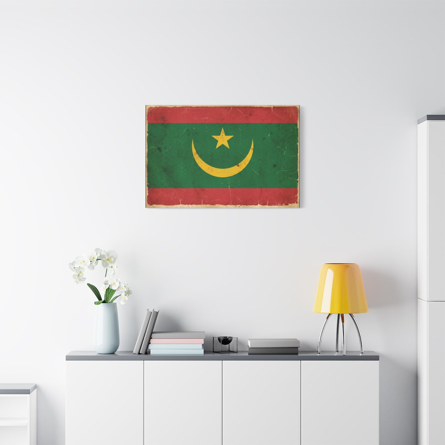 Mauritania Flag Canvas Wall Art - Vintage Crescent Star Country Print - Distressed Green Red Gold Design - Cultural Pride Decor For Living Room - Bedroom Home Decoration - Living Room Wall Decor