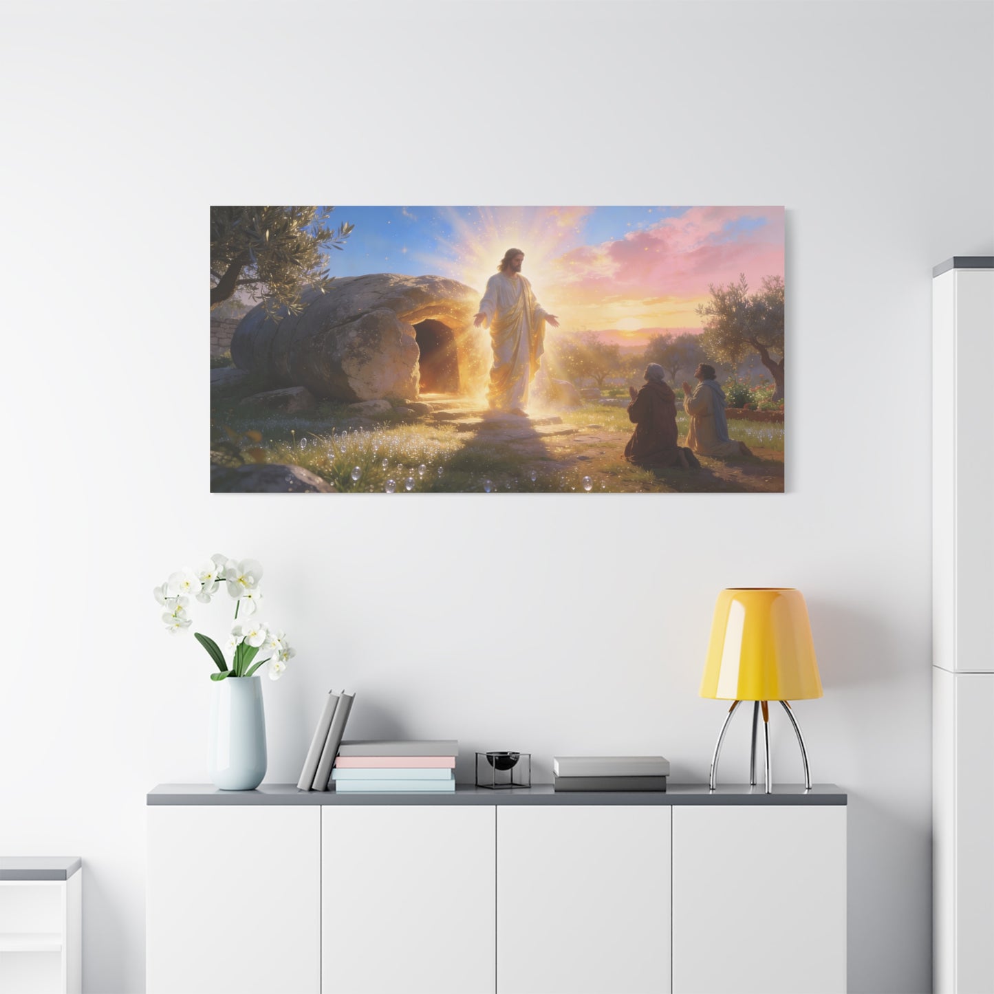 Resurrection Of Jesus Christ Canvas Wall Art - Empty Tomb Sunrise Christian Decor - Glowing Sacred Illustration, Traditional Style - Bedroom Wall Decor, Living Room Home Accent - Cozy Reading Nook Art