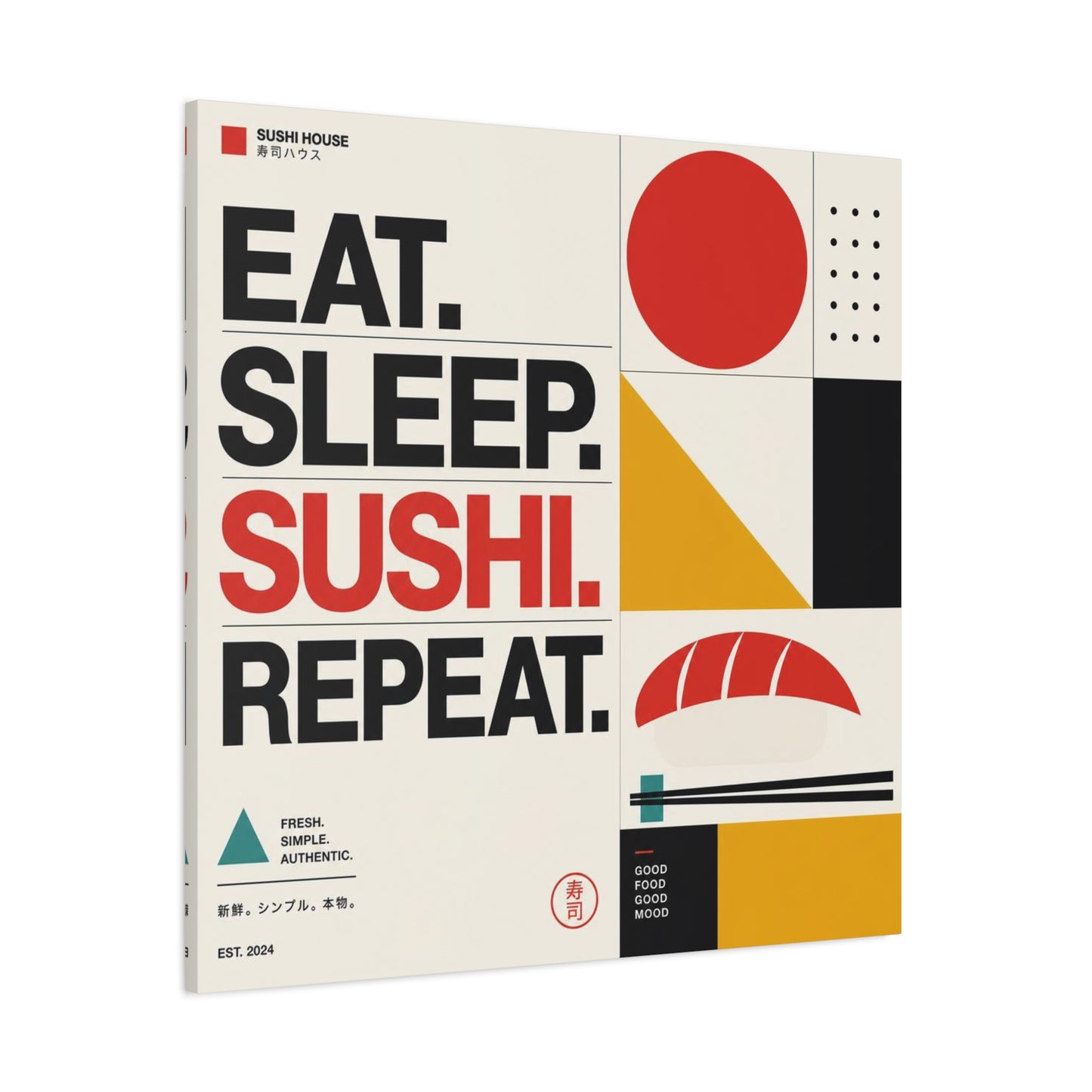 "Eat. Sleep. Sushi. Repeat." Sushi Canvas Wall Art - Japanese Typography Print, Geometric Food Poster Design - Modern Minimalist Cotton Canvas - Cafe Decor, Kitchen Accent, Dining Room Artwork