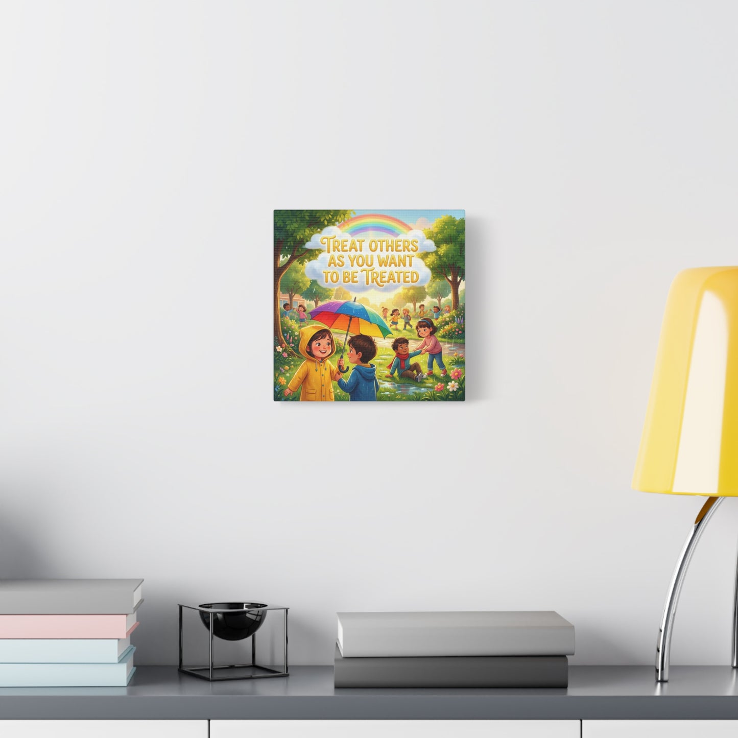 "Treat Others As You Want To Be Treated" Kids Canvas Wall Art - Rainbow Umbrella Kindness Quote Print - Colorful Classroom Decor - Nursery Playroom Bedroom Home Decoration - Bohemian Wall Hanging