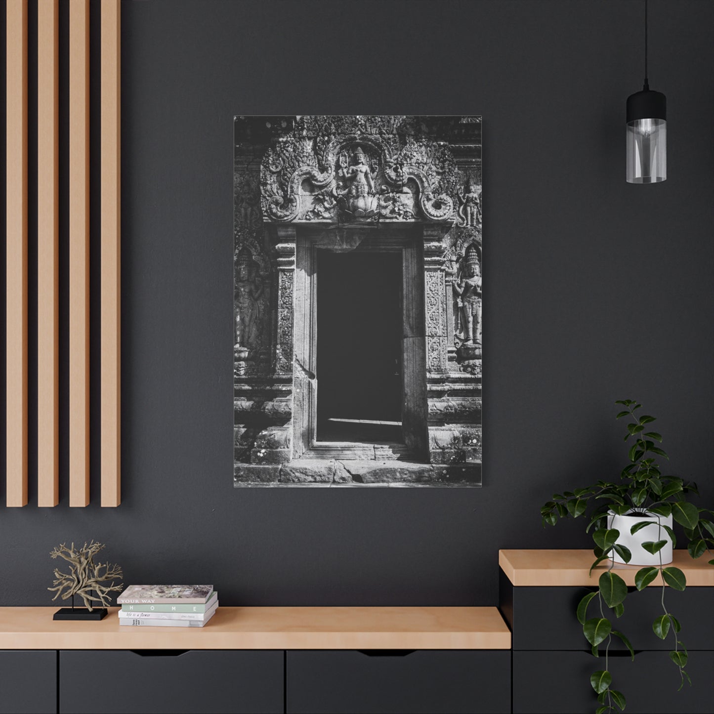 Buddhist Temple Doorway Canvas Wall Art - Black And White Stone Carving, Religious Architecture Print, Traditional Monochrome Decor - Living Room Wall Decor, Office Art - Bedroom Home Decoration
