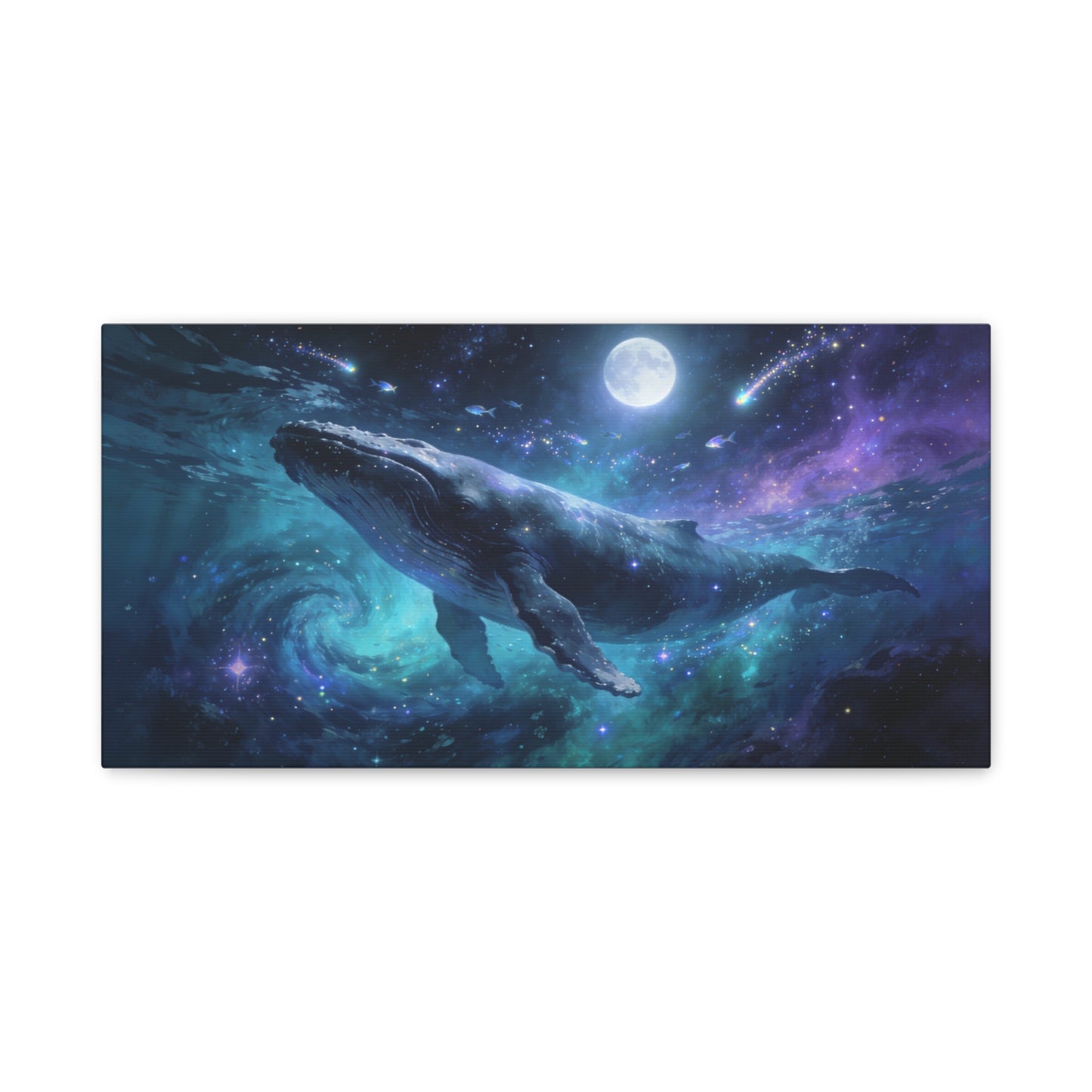 Humpback Whale Canvas Wall Art - Celestial Ocean Galaxy Painting, Moonlit Space Seascape Print - Matte Cotton Canvas - Contemporary Fantasy Style - Living Room Wall Decor - Bedroom Home Decoration