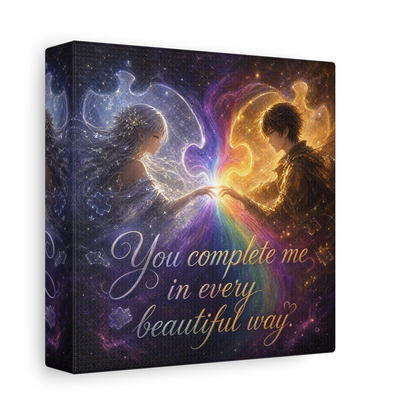 "You Complete Me In Every Beautiful Way" Romantic Couple Canvas Wall Art - Celestial Puzzle Soulmate Quote Print, Fantasy Love Decor - Bedroom Wall Hanging - Ready to Hang - Bedroom Home Decoration