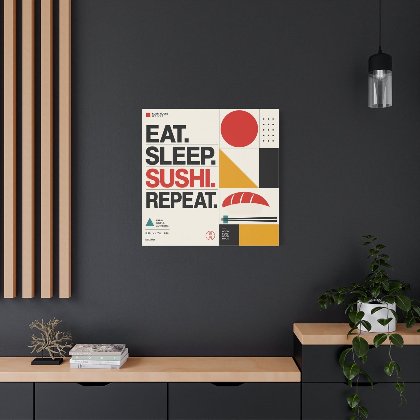 "Eat. Sleep. Sushi. Repeat." Sushi Canvas Wall Art - Japanese Typography Print, Geometric Food Poster Design - Modern Minimalist Cotton Canvas - Cafe Decor, Kitchen Accent, Dining Room Artwork