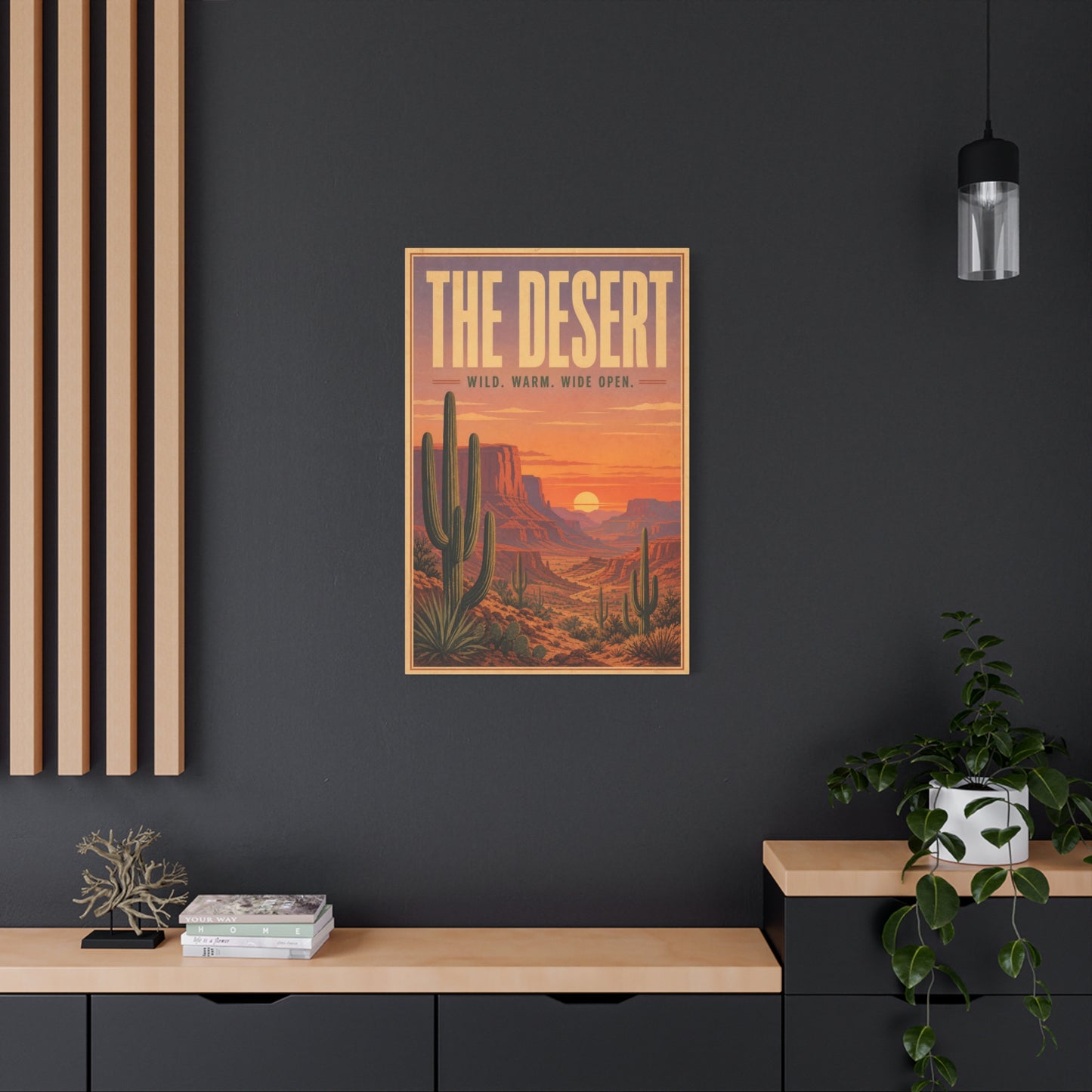 "The Desert" Wild. Warm. Wide Open. Desert Canvas Wall Art - Vintage Saguaro Sunset Canyon Landscape Print - Southwestern Wall Decor - Living Room Home Decoration, Office Accent - Ready to Hang