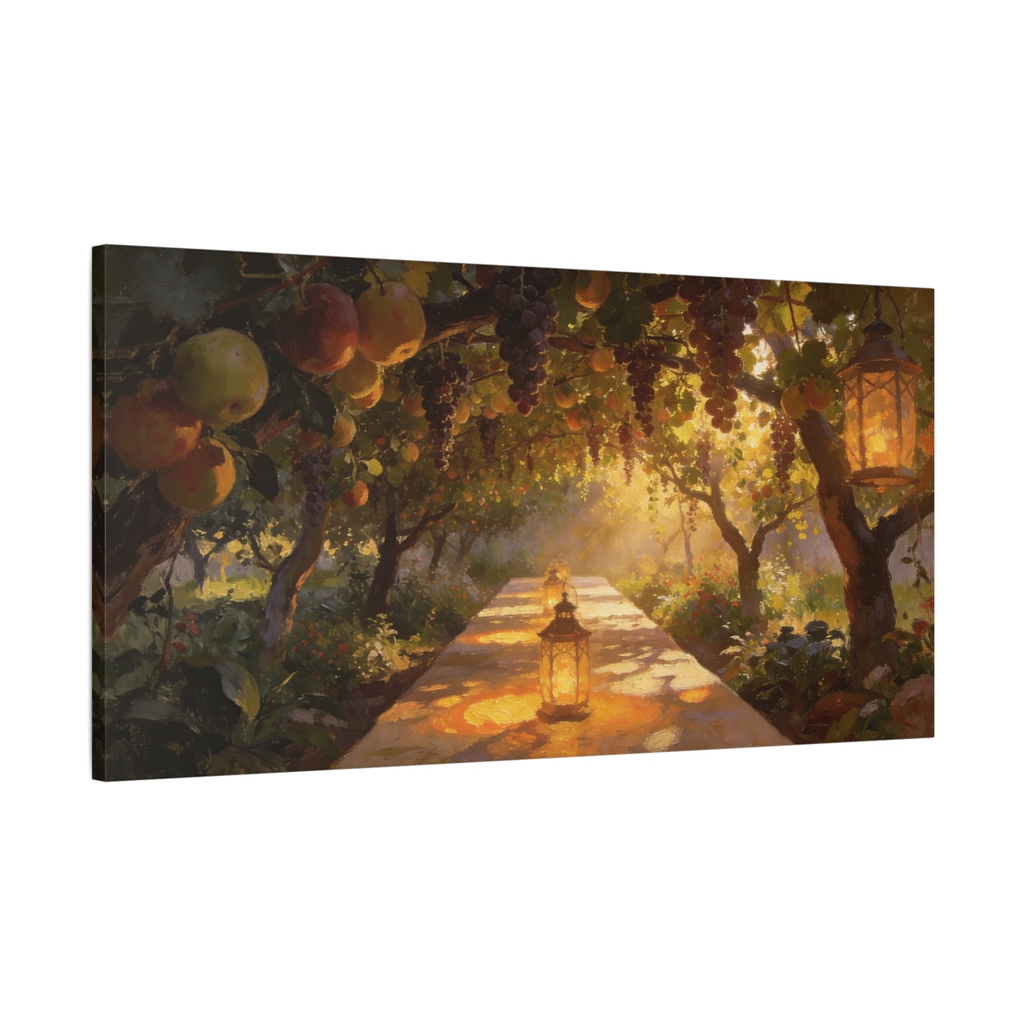 Fruit Orchard Canvas Wall Art - Lantern Lit Garden Path, Grape Vine And Apple Tree Painting - Matte Cotton Print, Rustic Traditional Style - Living Room Wall Decor, Bedroom Accent - Ready to Hang