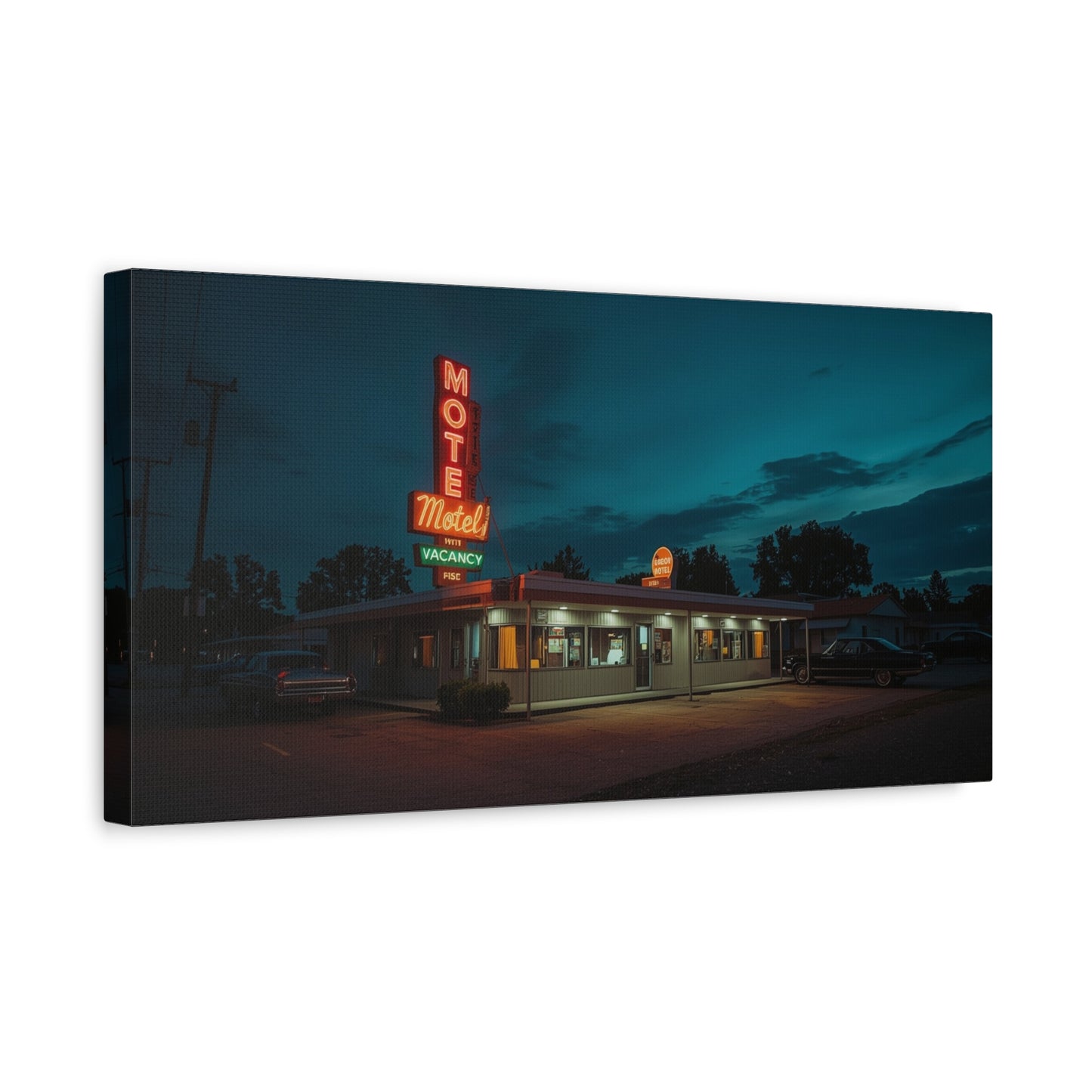 Neon Motel Canvas Wall Art - Vintage Roadside Motel Art Print, Blue Night Sky, Retro Americana Style - Living Room Wall Decor, Home Decoration, Office Art Accent - Bedroom Home Decoration