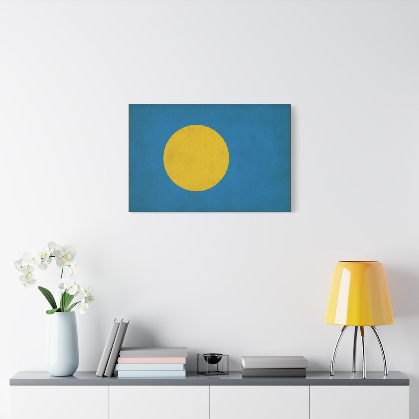 Palau Flag Canvas Wall Art - Blue Field With Golden Yellow Disc - Minimalist Tropical Island Print - Modern Living Room Wall Decor, Bedroom Home Decoration, Office Accent - Bedroom Home Decoration