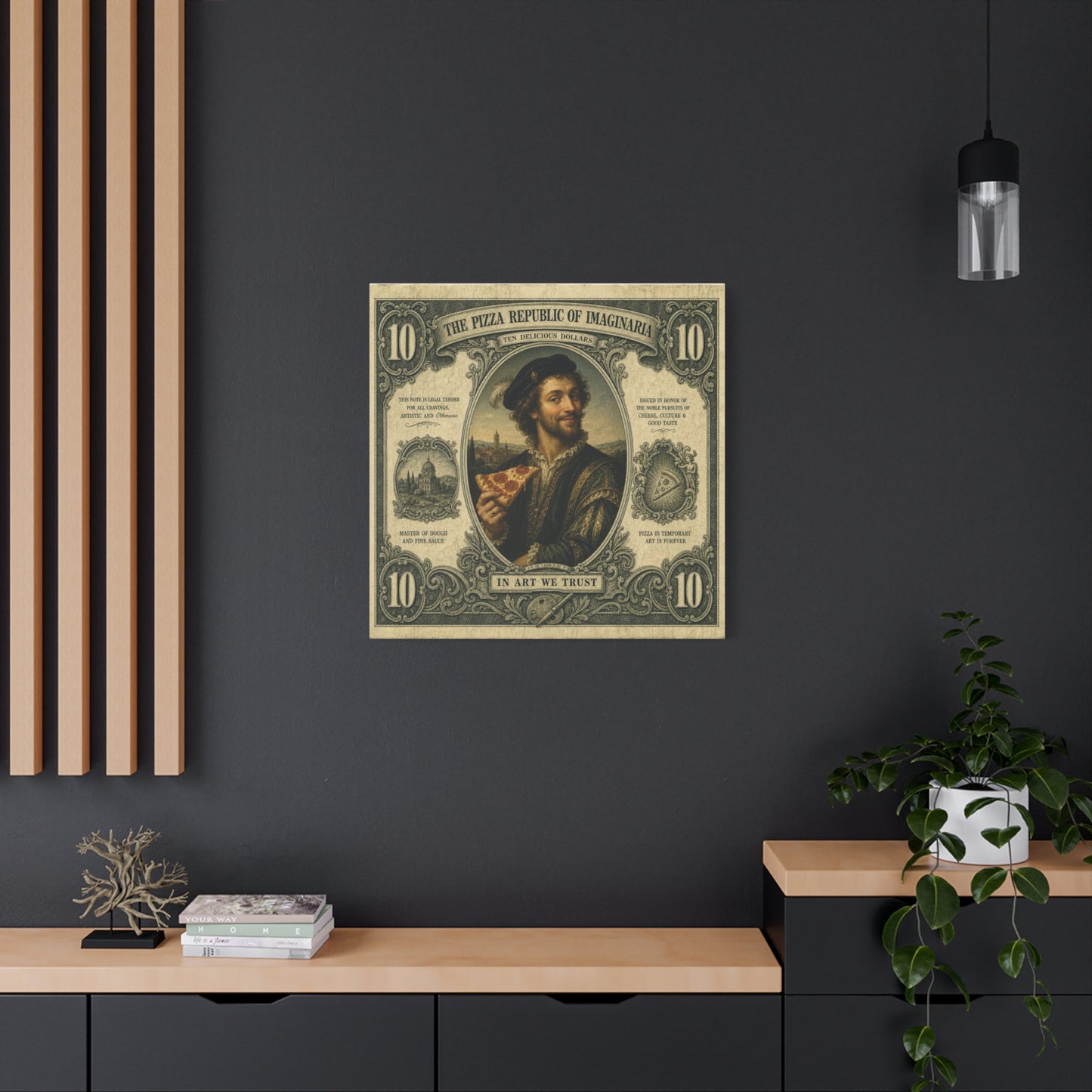 "The Pizza Republic Of Imaginaria" Canvas Wall Art - Vintage Typography Portrait Print, Renaissance Pizza Note Design, Eclectic Office Wall Decor, Cafe Wall Art, Humor Canvas - Reception Area Decor