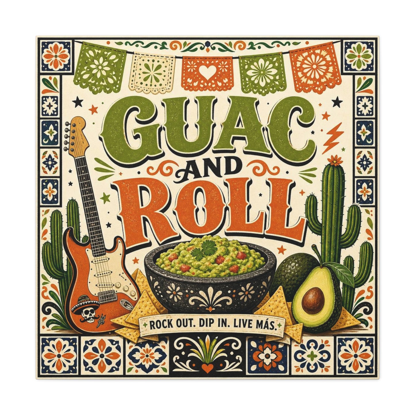 "Guac And Roll" Typography Canvas Wall Art - Fiesta Guitar, Cactus, Avocado Folk Illustration - Bohemian Rustic Style - Kitchen Wall Decor, Dining Room Accent, Cafe Wall Decor - Modern Farmhouse Style