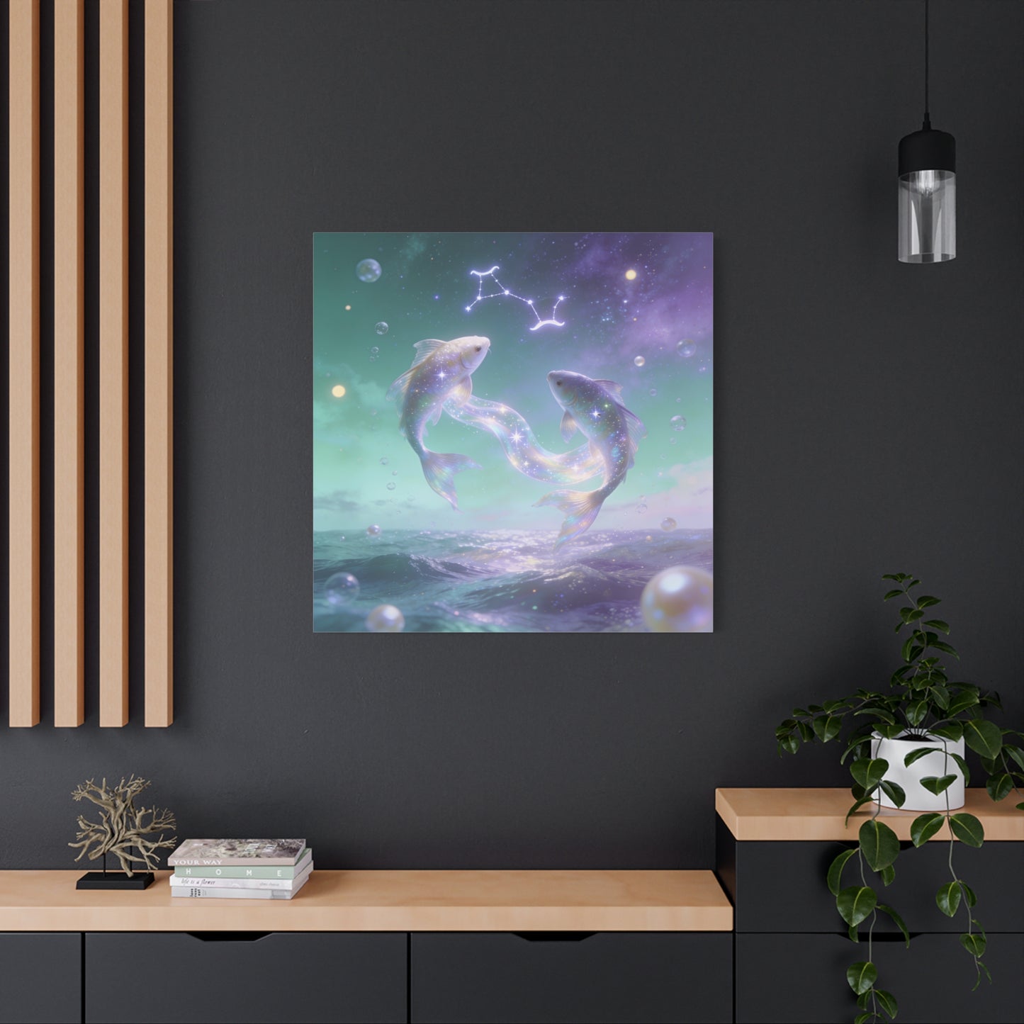 Pisces Fish Canvas Wall Art - Celestial Ocean Zodiac Illustration, Dreamy Aurora Nightscape, Matte Cotton Print, Mystical Bedroom Accent, Meditation Space Piece, Office Interior Style - Ready to Hang