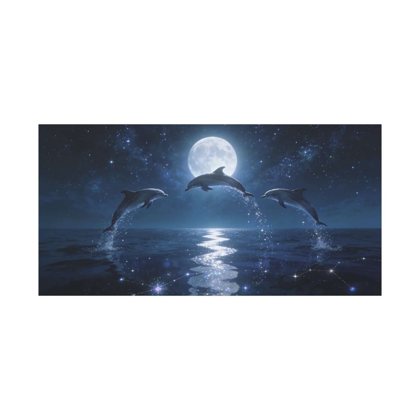 Moonlit Dolphin Canvas Wall Art - Starry Ocean Night Seascape Print - Celestial Blue Marine Decor, Matte Cotton Artwork - Bedroom Wall Decor, Living Room Home Decoration - Bedroom Home Decoration