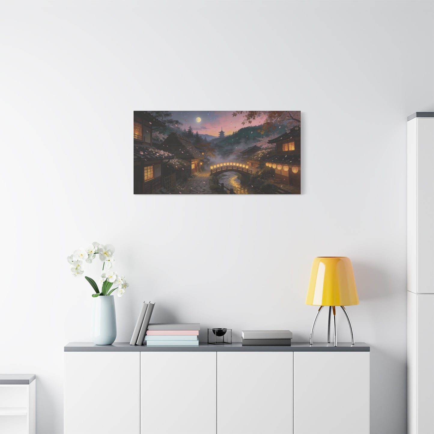Japanese Village Moonlit Canvas Wall Art - Lantern Bridge, Cherry Blossom Petals, Pagoda Landscape - Matte Cotton Print - Traditional Style, Living Room Wall Decor, Bedroom Decoration - Ready to Hang