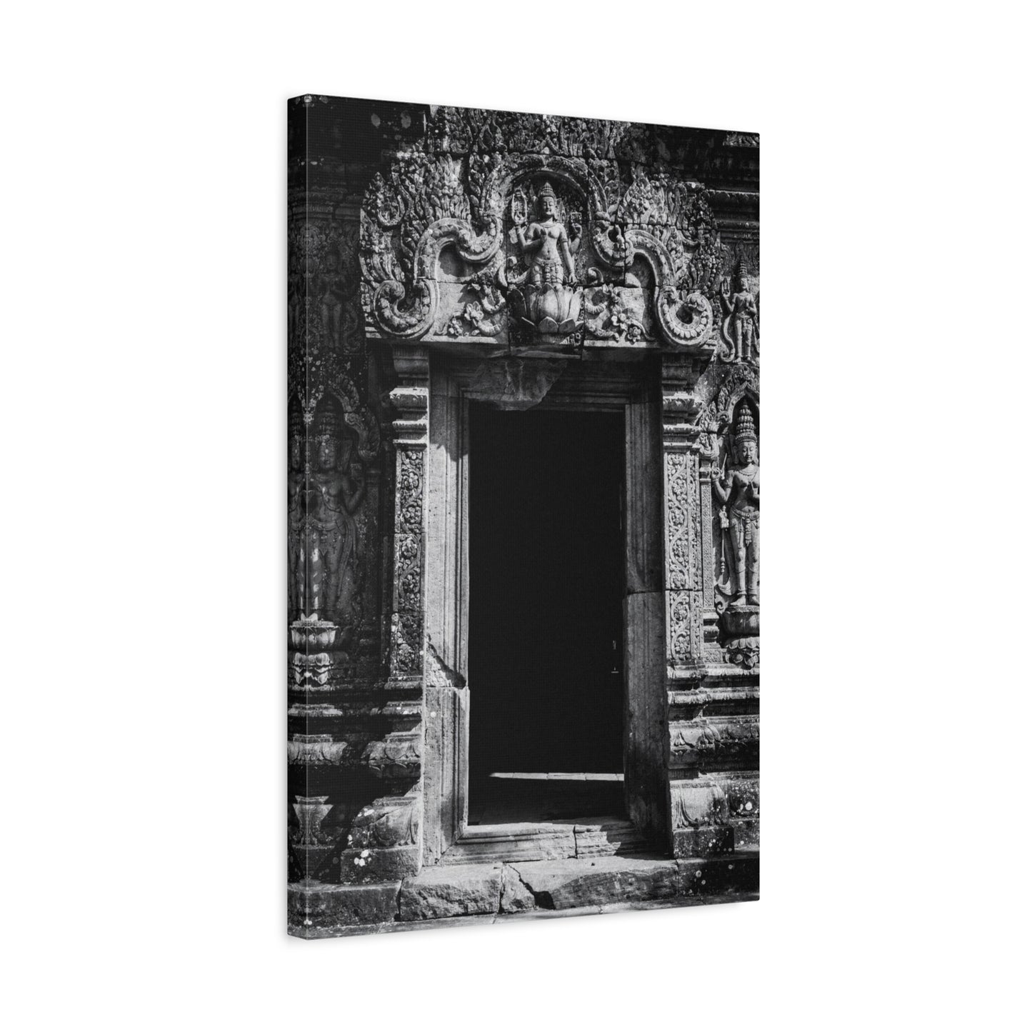 Buddhist Temple Doorway Canvas Wall Art - Black And White Stone Carving, Religious Architecture Print, Traditional Monochrome Decor - Living Room Wall Decor, Office Art - Bedroom Home Decoration