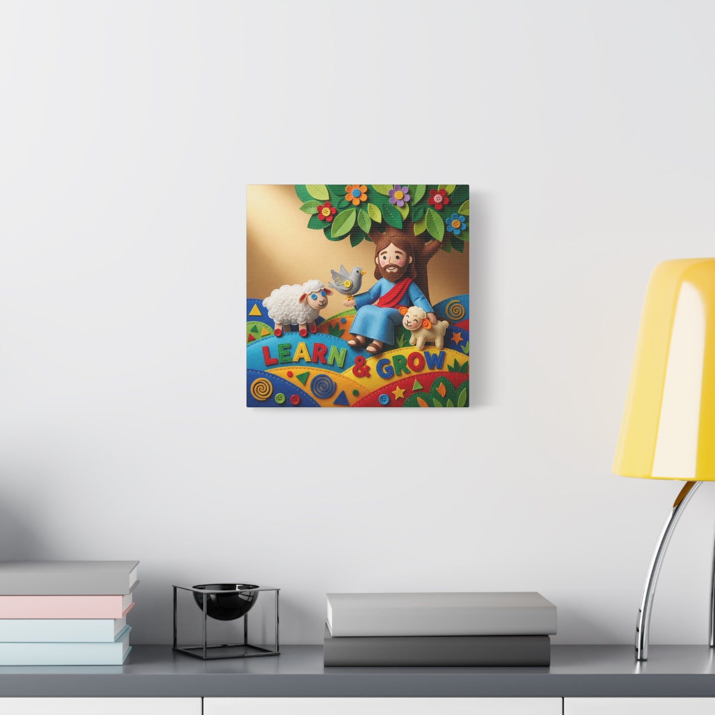 "Learn & Grow" Jesus Canvas Wall Art - Christian Nursery Decor, Lamb And Dove Under Tree - Colorful Felt Style Canvas Print - Kids Room Wall Hanging, Classroom Decoration - Ready to Hang