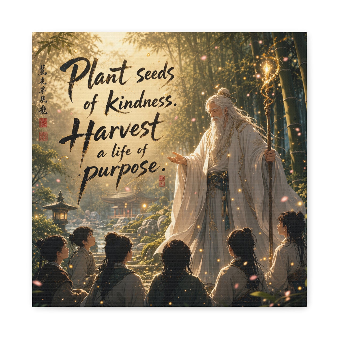 "Plant Seeds Of Kindness. Harvest A Life Of Purpose." Zen Canvas Wall Art - Wise Elder In Bamboo Garden, Inspirational Typography Print - Traditional Style, Bedroom Meditation Decor - Office Wall Art