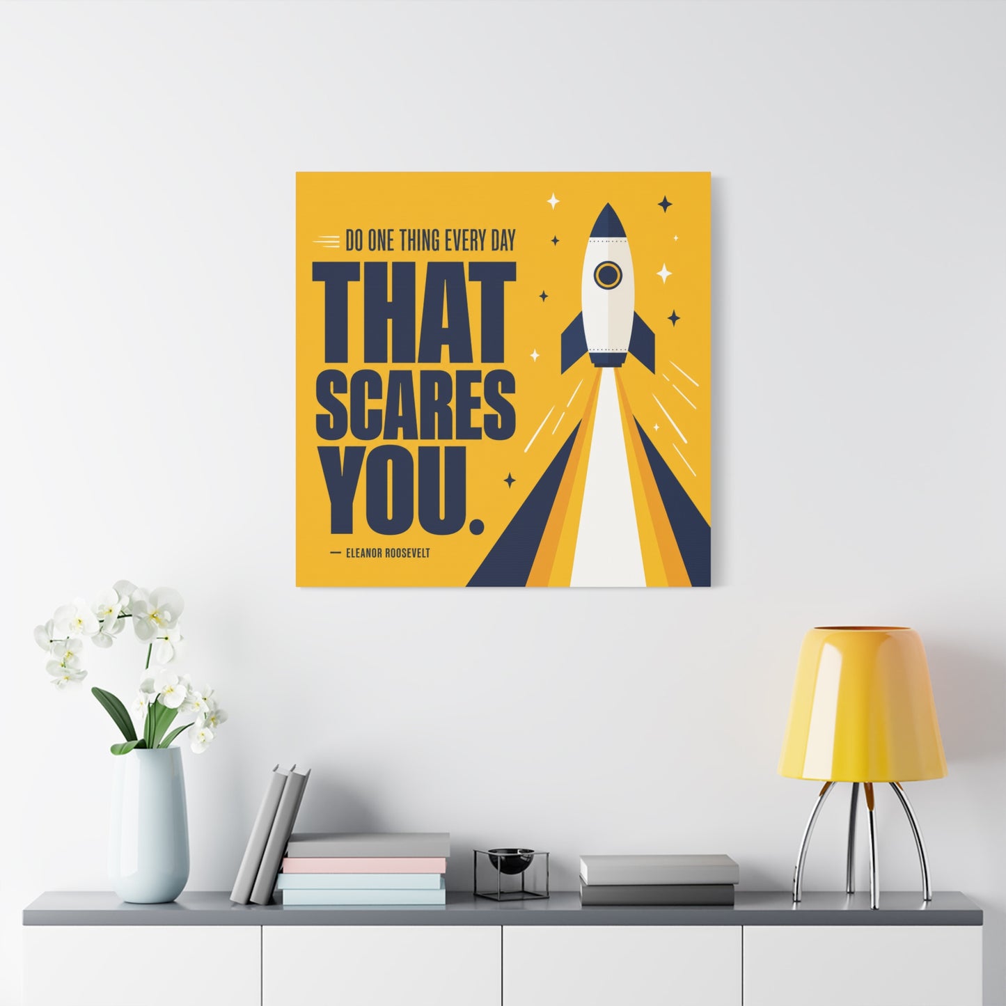 "Do One Thing Every Day That Scares You." Rocket Canvas Wall Art - Motivational Typography Space Decor - Modern Yellow Quote Print - Kids Bedroom Wall Decor, Playroom Home Decoration - Ready to Hang