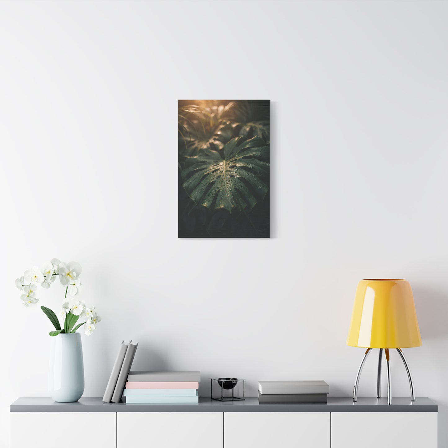Monstera Leaf Canvas Wall Art - Tropical Botanical Art Print, Moody Green Foliage - Matte Cotton Canvas Print - Bedroom Wall Decor, Bathroom Home Decoration, Spa Style Accent - Cozy Reading Nook Art