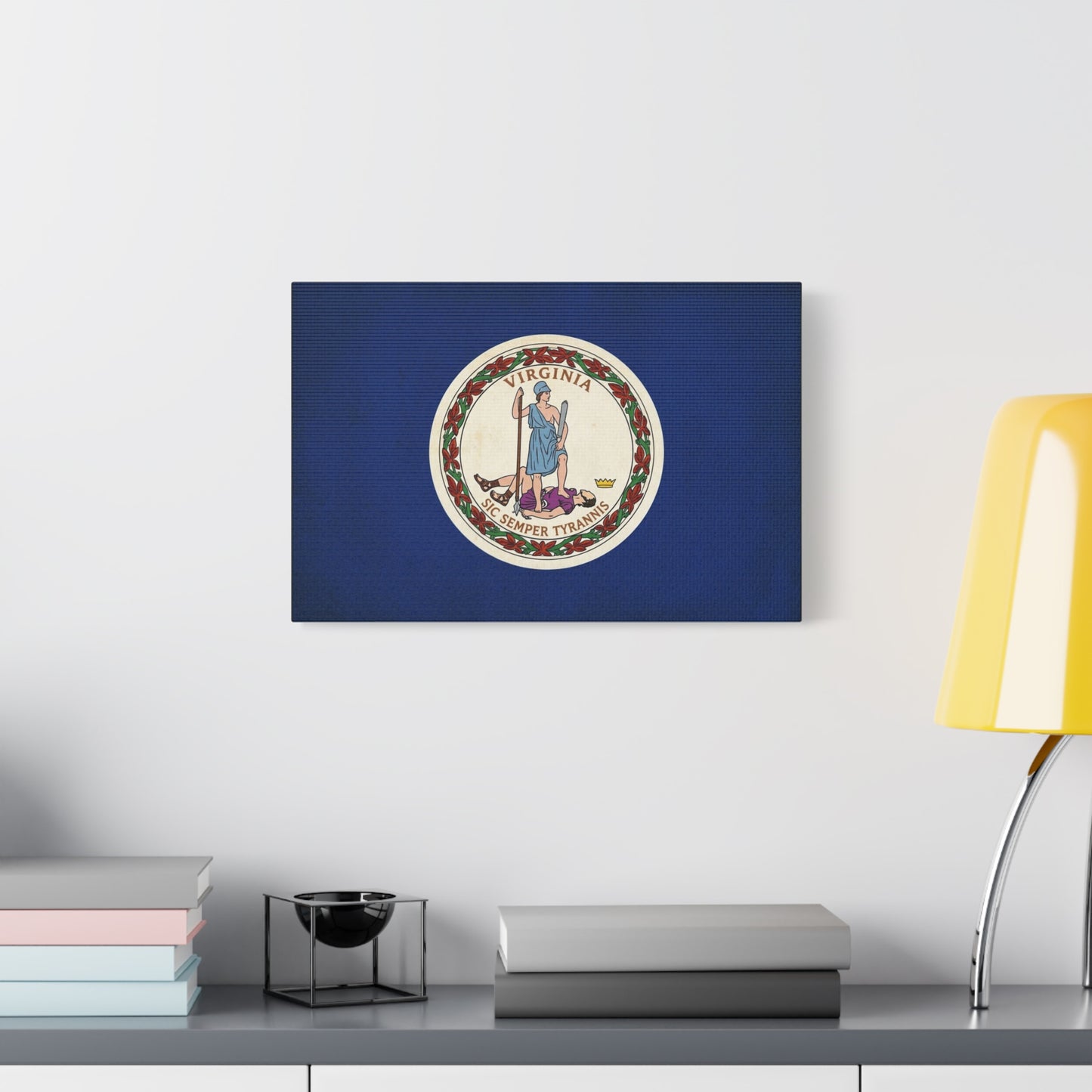 "Virginia" "Sic Semper Tyrannis" State Flag Canvas Wall Art - Vintage Commonwealth Seal Print, Blue Banner Decor, Patriotic Heritage Style, Living Room Wall Decor, Office Accent - Ready to Hang
