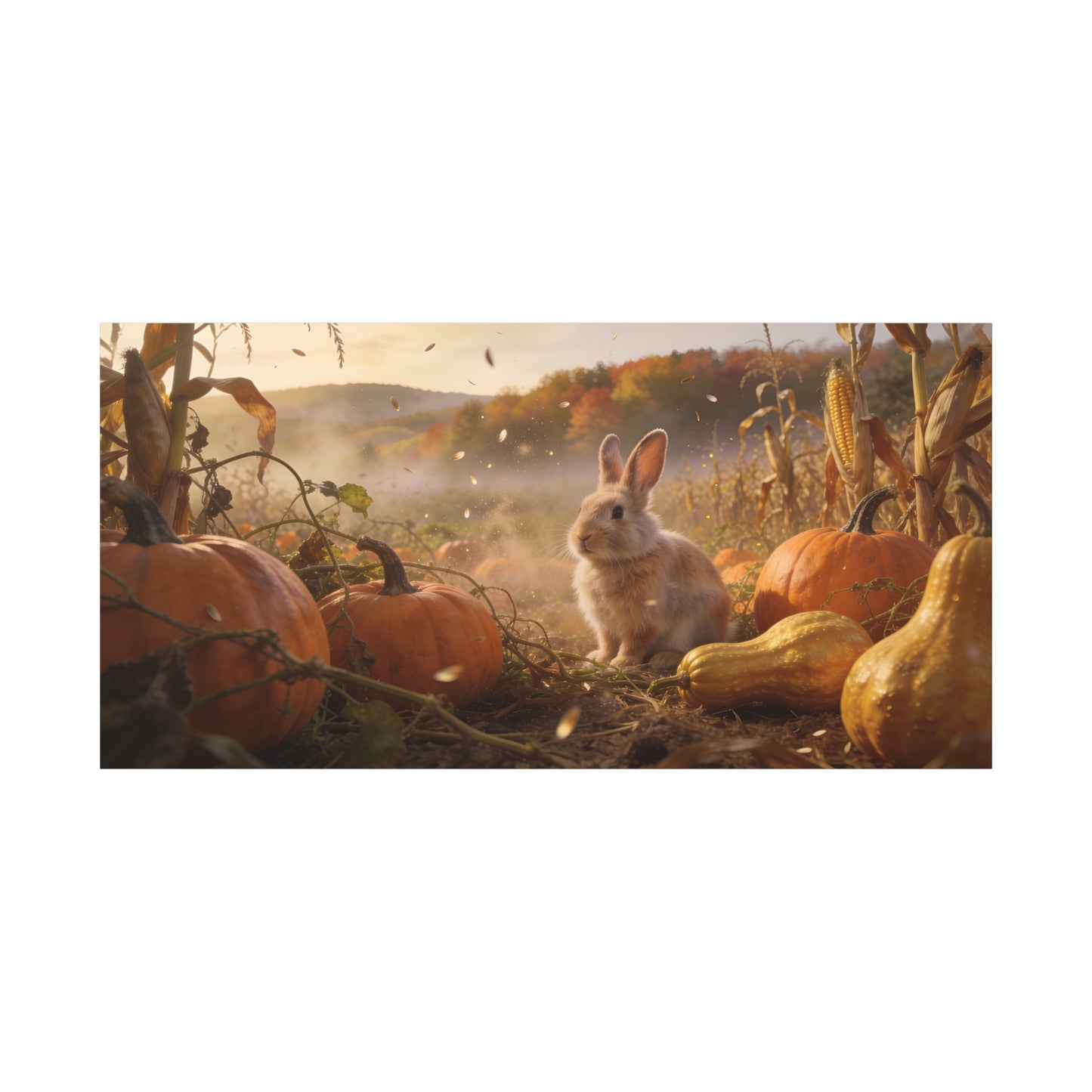 Autumn Bunny Canvas Wall Art - Rabbit In Pumpkin Patch, Golden Harvest Farm Scene - Rustic Matte Canvas Print - Bedroom Wall Decor, Living Room Home Decoration, Nursery Accent - Modern Farmhouse Style