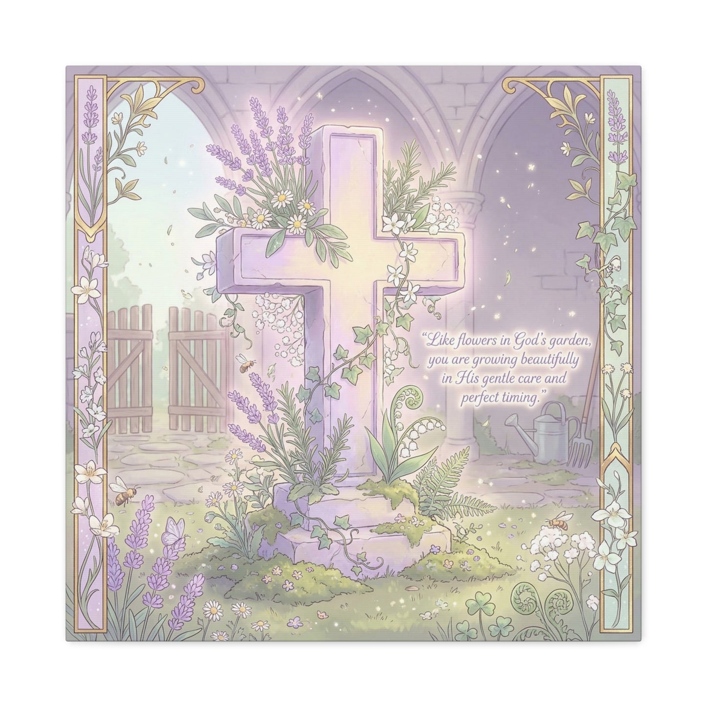 "Like Flowers In God's Garden, You Are Growing Beautifully" Christian Canvas Wall Art - Floral Cross Scripture Decor - Lavender Garden Illustration - Bedroom Home Decoration, Living Room Accent