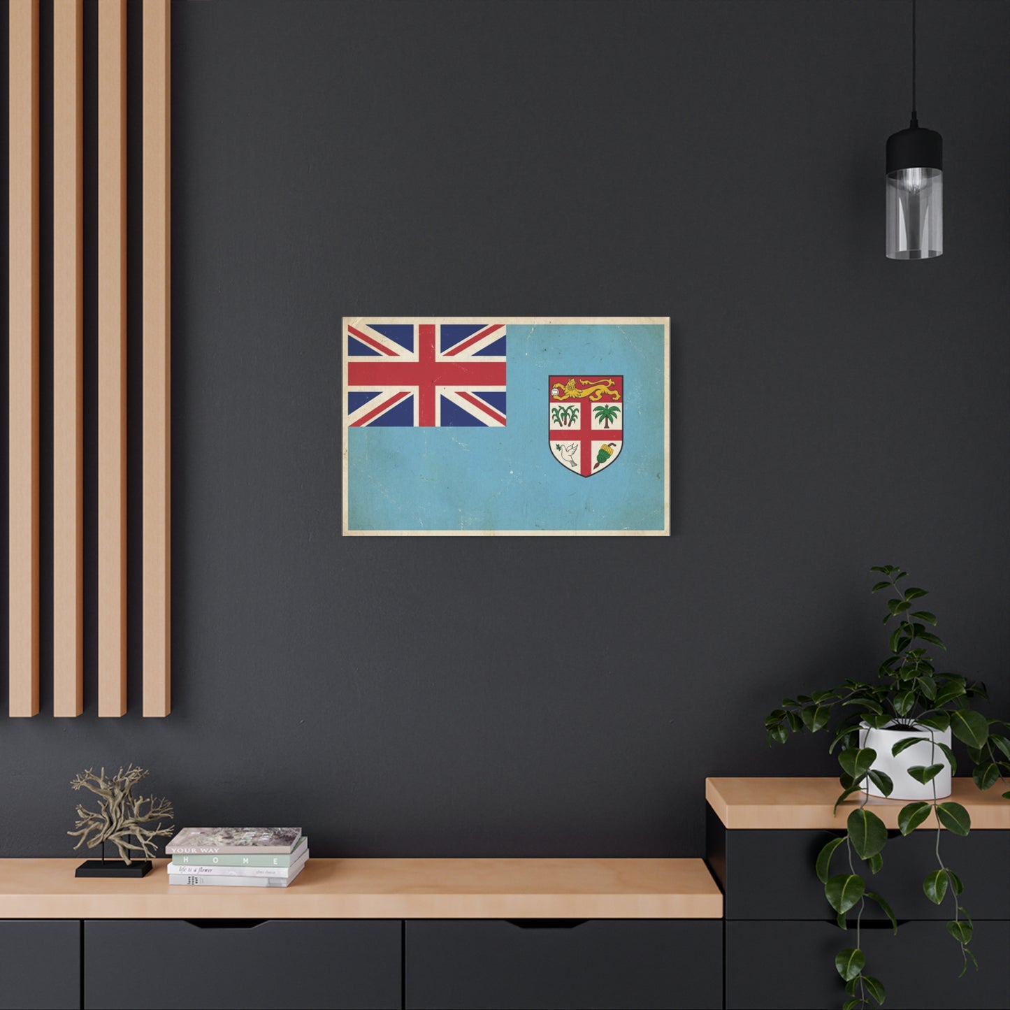 Vintage Fiji Flag Canvas Wall Art - Distressed British Ensign And Shield Print - Retro Patriotic Decor, Coastal Blue Island Style, Living Room Wall Decor, Office Art - Ready to Hang - Ready to Hang