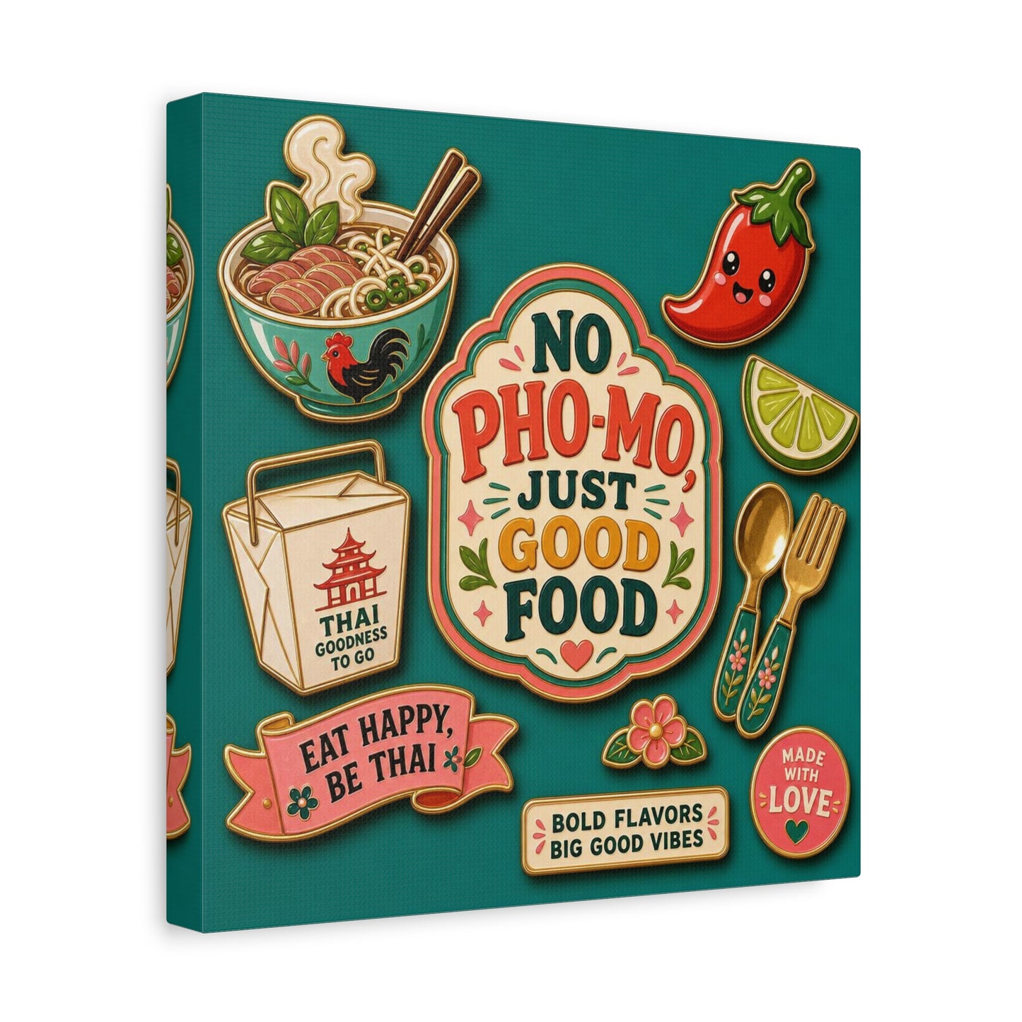 "No Pho-Mo Just Good Food" Canvas Wall Art - Thai Food Quote Kitchen Decor - Colorful Illustration Print, Retro Typography Style - Dining Room Accent, Cafe Wall Decor - Bedroom Home Decoration