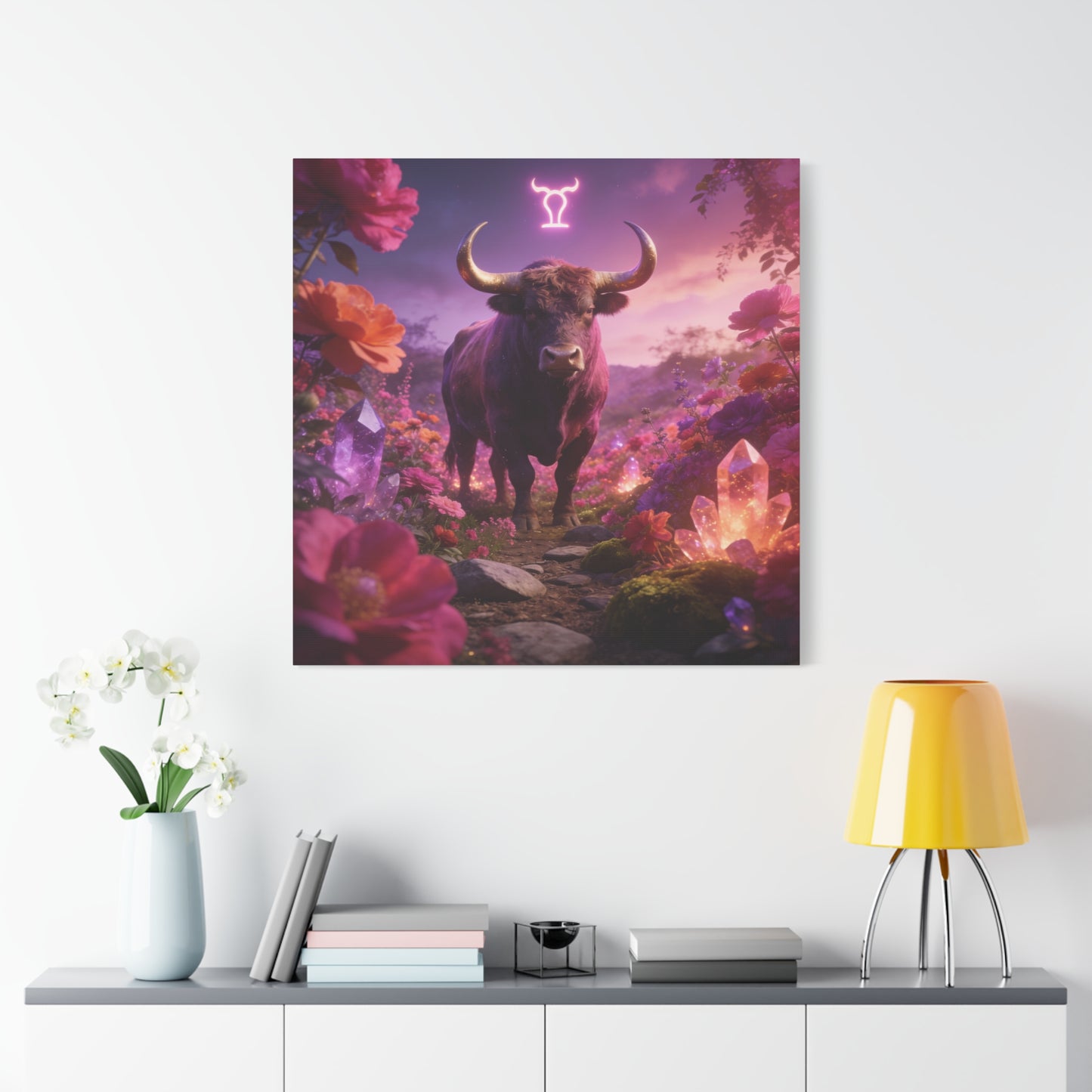 Taurus Zodiac Bull Canvas Wall Art - Neon Taurus Symbol, Floral Crystal Fantasy Print - Dreamy Purple Pink Celestial Decor - Bedroom Home Decoration, Bohemian Living Room Accent - Office Wall Art