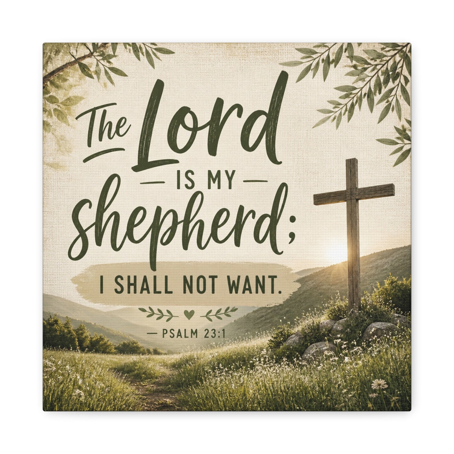 "The Lord Is My Shepherd, I Shall Not Want. - Psalm 23:1" Christian Canvas Wall Art - Rustic Cross Meadow Landscape, Farmhouse Scripture Decor, Bedroom Living Room Wall Hanging - Ready to Hang