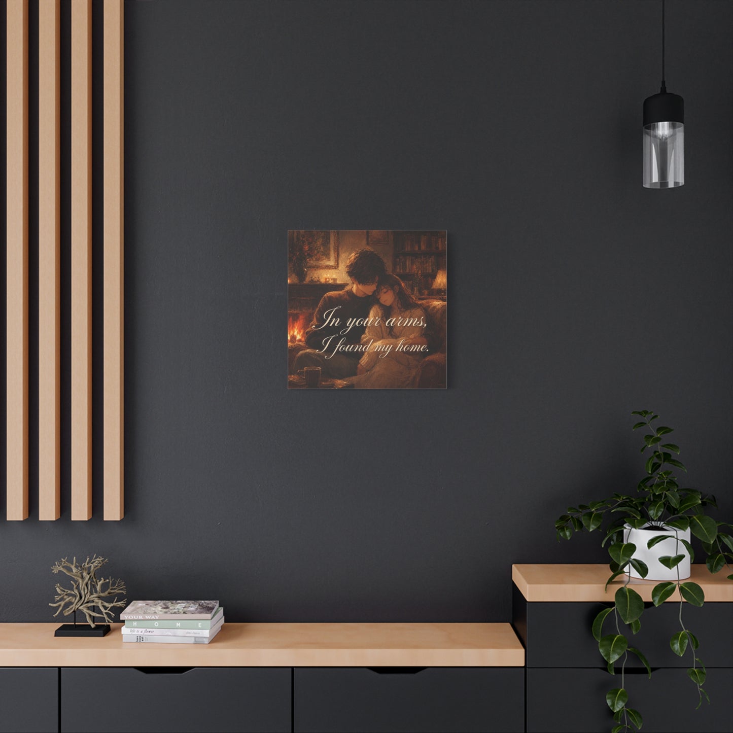 "In Your Arms, I Found My Home" Romantic Couple Canvas Wall Art - Cozy Fireplace Library Scene, Warm Vintage Style - Bedroom Home Decoration, Living Room Accent - Ready to Hang - Office Wall Art
