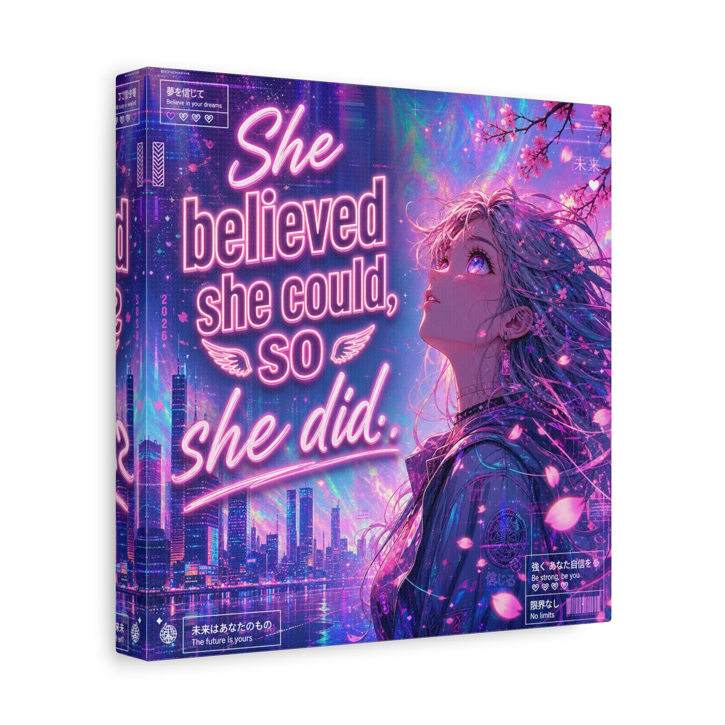 "She Believed She Could, So She Did" Anime Girl Canvas Wall Art - Neon Sakura Cityscape, Inspirational Typography Print - Contemporary Bedroom Wall Decor, Teenager Room Decor - Bedroom Home Decoration