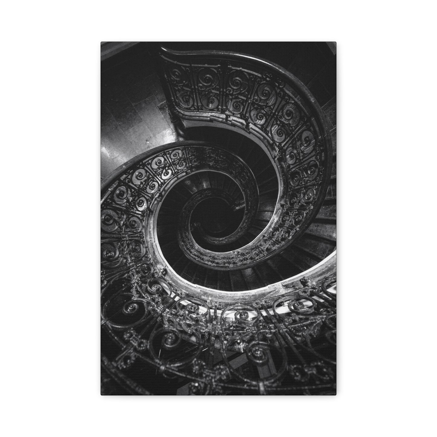 Black And White Spiral Staircase Canvas Wall Art - Architectural Art Print, Moody Monochrome Interior, Modern Minimalist Style - Office Wall Decor, Living Room Accent - Bedroom Home Decoration