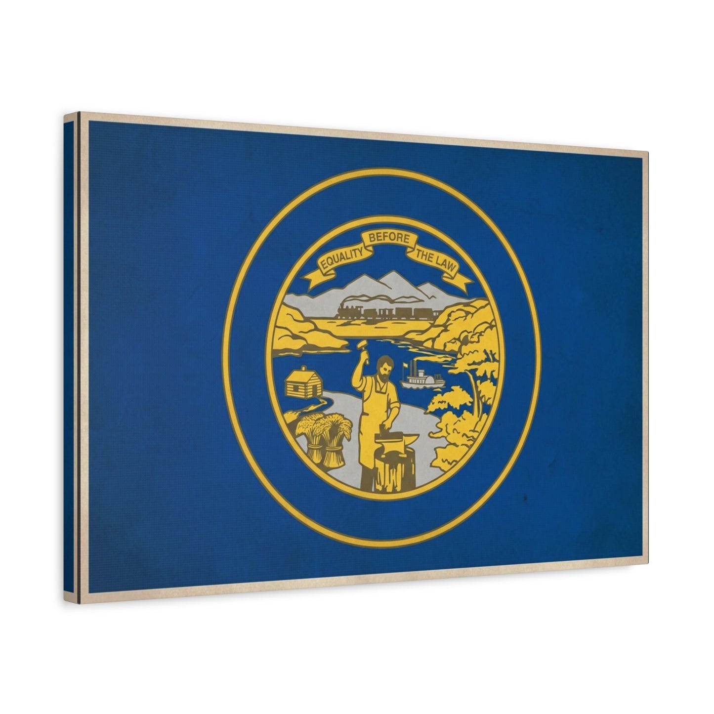 "Equality Before The Law" Kansas State Flag Canvas Wall Art - Blue Gold Sunflower State Seal Print - Vintage Americana Style, Living Room Wall Decor, Office Home Decoration - Bedroom Home Decoration