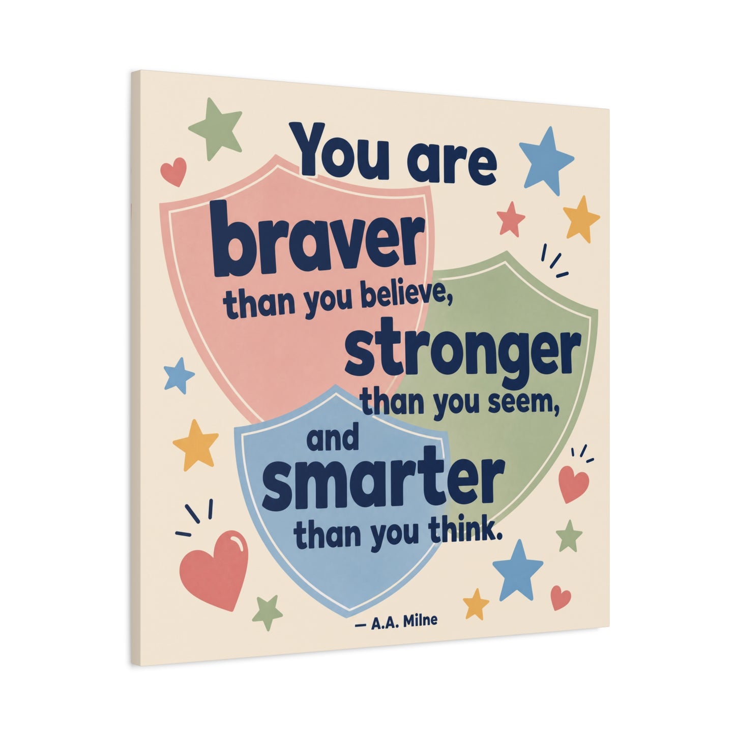 "You Are Braver, Stronger, Smarter" Quote Canvas Wall Art - Kids Inspirational Typography Print, Pastel Shield Stars Hearts Design - Nursery Bedroom Classroom Decor - Office Wall Art - Ready to Hang