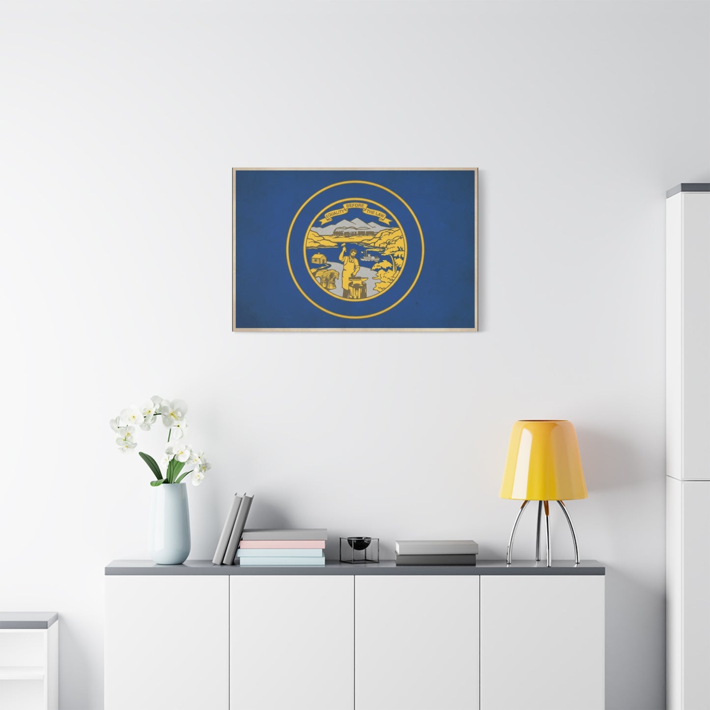 "Equality Before The Law" Kansas State Flag Canvas Wall Art - Blue Gold Sunflower State Seal Print - Vintage Americana Style, Living Room Wall Decor, Office Home Decoration - Bedroom Home Decoration